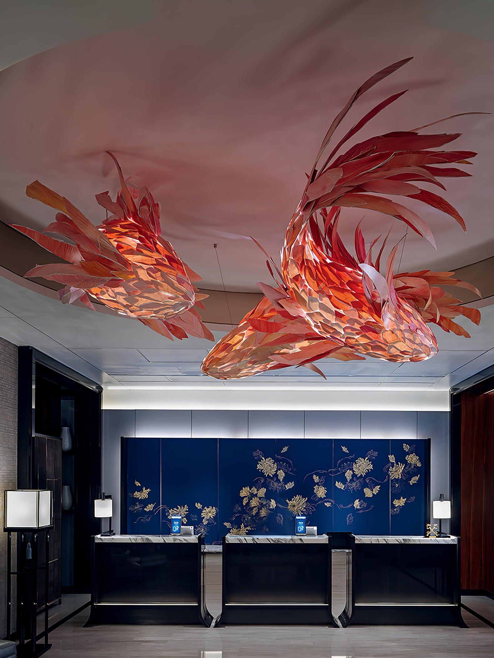 Elegant Crimson Swirl Koi Chandelier - Handcrafted Glass Pendant Light for Dining Room, Living Room & Bedroom Decor