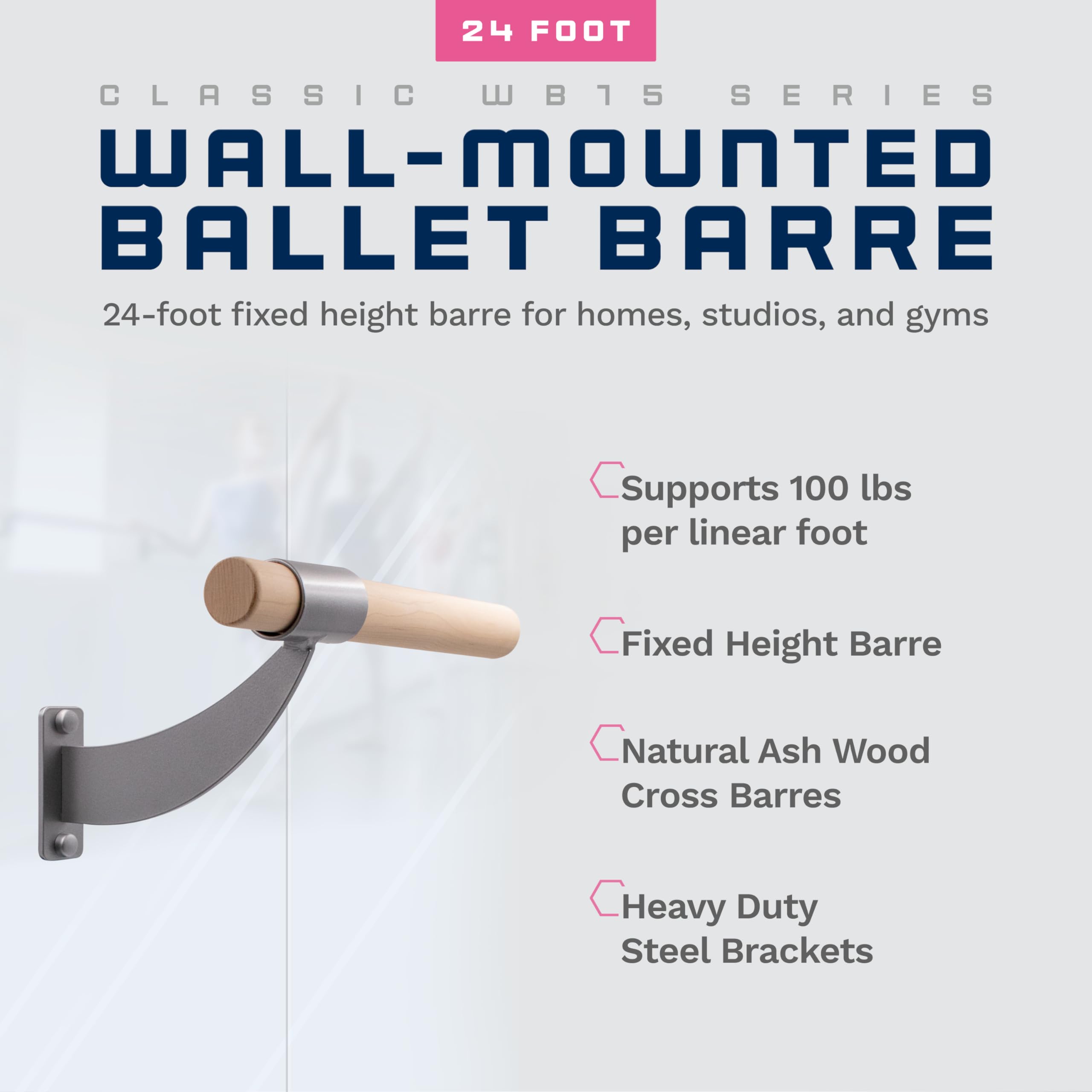 VITA Barre Wall-Mounted Ballet Barre - Classic WB15 Solid Wood Fixed Height - Made in USA - Home Gym & Dance Studio Equipment for Kids & Adults - Perfect for Ballet Training, Stretching, Pilates & Fitness Workouts