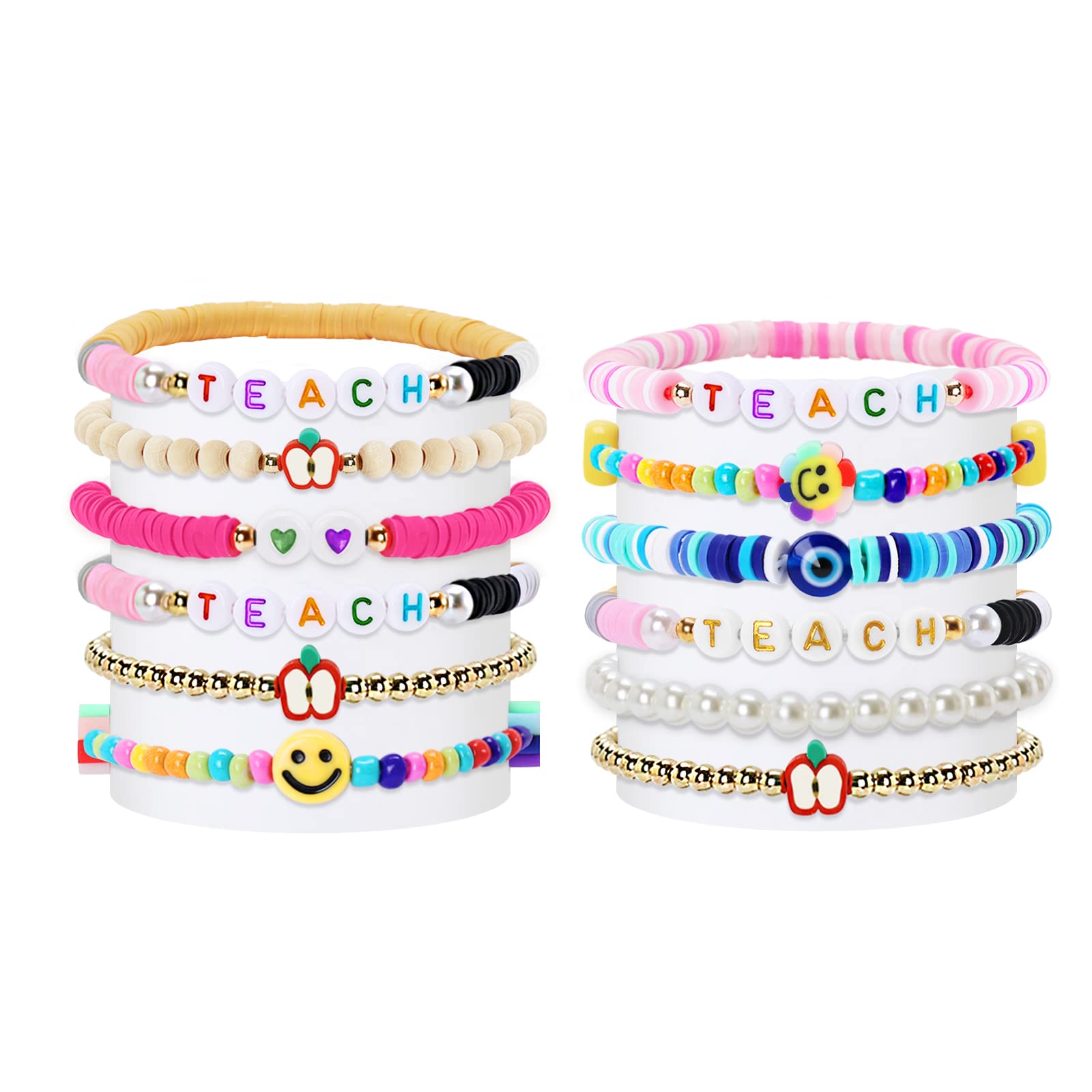 12 PCS Teacher Appreciation Bracelets for Women - Preppy Heishi Clay Beaded Bulk Bracelets - Thank You Gifts for Teachers, Staff, Educators - Perfect for Teacher Appreciation Week, End of Year Gifts, Classroom Rewards