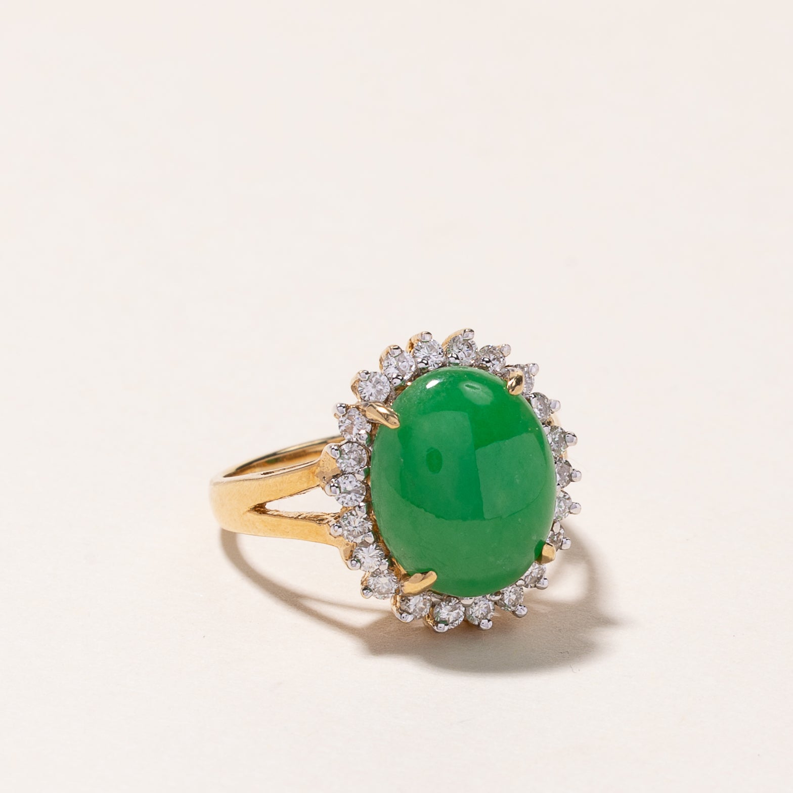 18K Yellow Gold Jade and Diamond Ring - 12.40x10.30x3.80mm, 0.50ctw, Size 6.5 | Elegant Statement Jewelry for Weddings, Anniversaries & Special Occasions