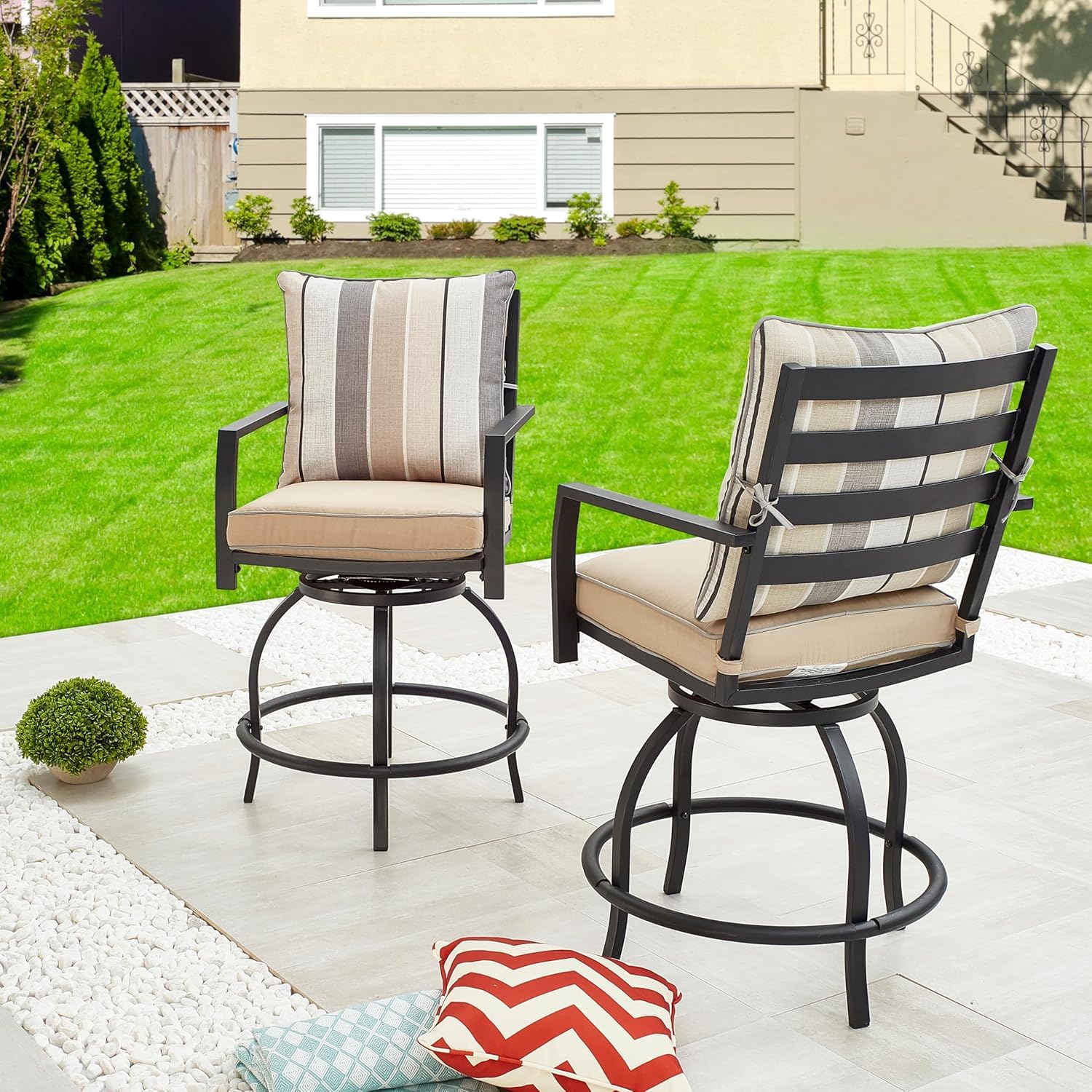 LOKATSE HOME 2-Piece Patio Swivel Bar Stools Set - Beige Outdoor Bar Height Chairs for Backyard, Deck, Poolside & Garden Relaxation