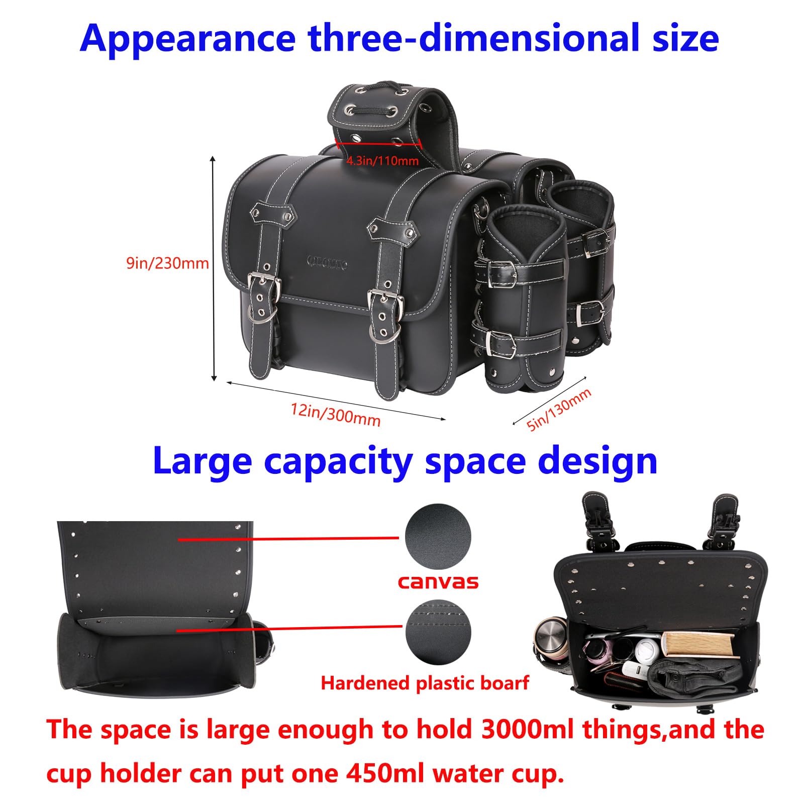 Premium High-Density Leather Motorcycle Saddlebags - Waterproof Throw Over Panniers with Cup Holder & Side Tool Bag - Universal Fit for Harley, Cruiser & Touring Bikes (1 Pair, Black) - Perfect for Long Rides, Road Trips & Daily Commuting