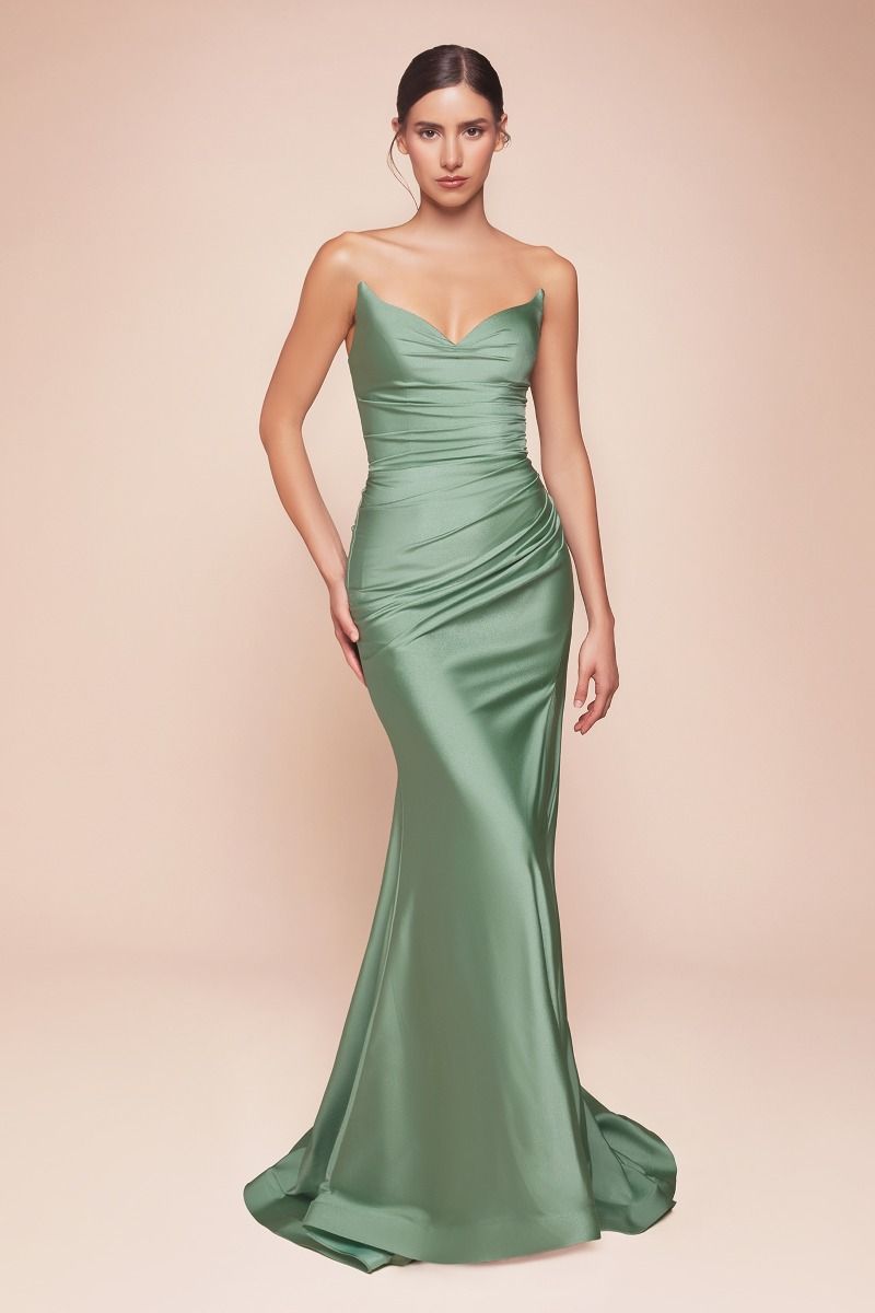 Strapless Stretch Spandex Satin Fitted Gown - Dark Sage Pointed V Neckline Ava Dress for Evening Gala, Prom, Cocktail Party & Special Occasions