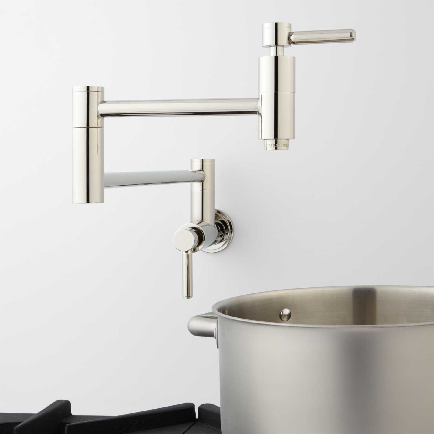 Signature Hardware 329627 Contemporary Brushed Nickel Wall Mounted Pot Filler Faucet - Double Handle Design for Kitchen Sink & Stove Area - Perfect for Cooking, Filling Large Pots & Home Renovation