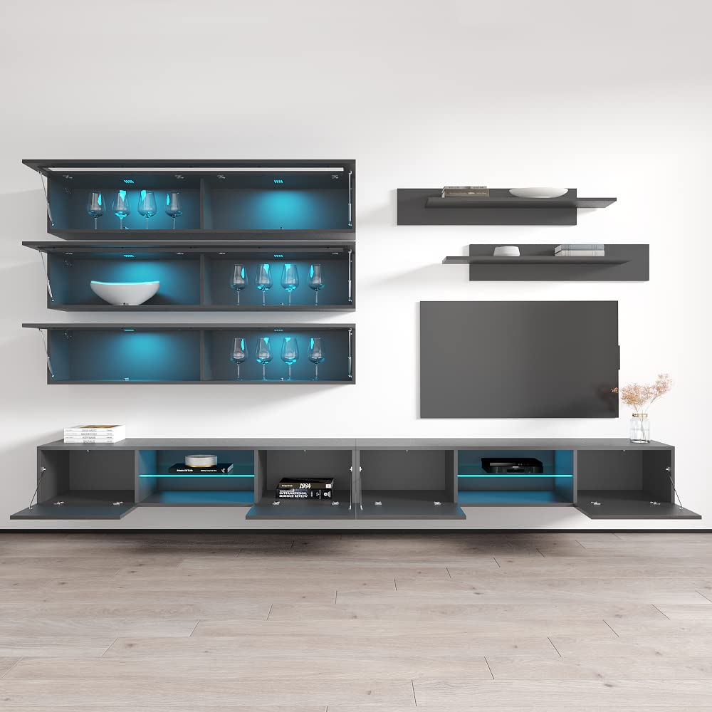 Modern Gray Wall-Mounted TV Stand with Storage Shelves & LED Lights - Floating Entertainment Center Console for Living Room & Bedroom - Perfect for Small Spaces & Home Theater Setup - Meble Furniture Fly J2 33TV Stand