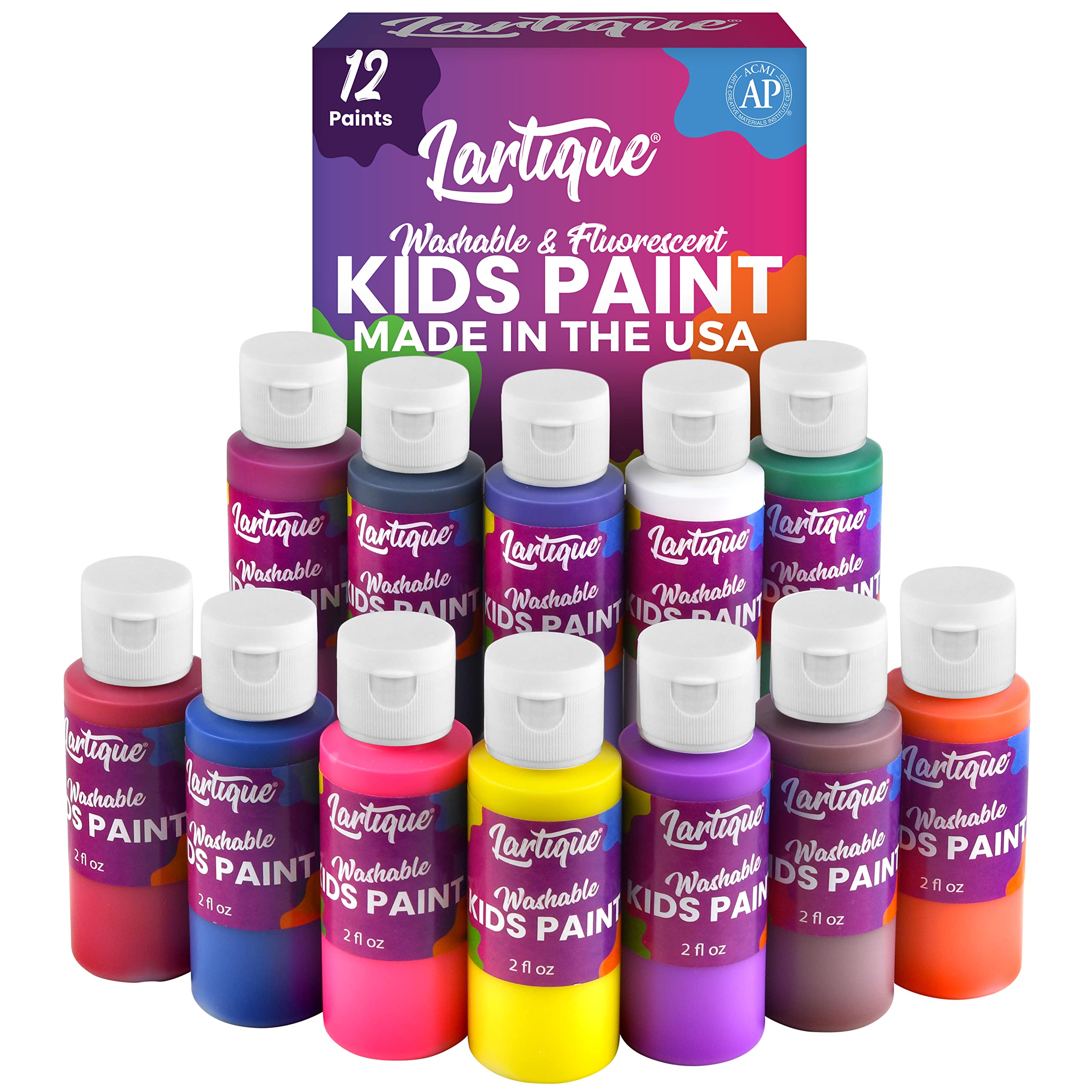 Lartique Washable Kids Paint Set - 12 Vibrant Colors Including Regular & Fluorescent Tempera Paint | Non-Toxic, Safe Finger Paint for Children | 2-Ounce Bottles Made in USA | Perfect for Classroom Art Projects, Home Crafts & Birthday Party Activities