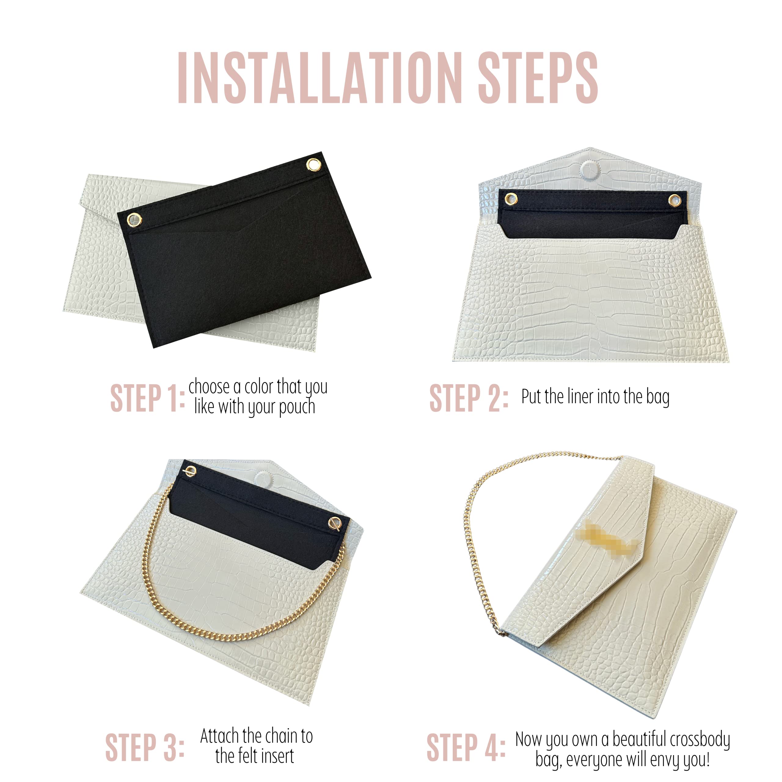 Uptown Clutch Conversion Kit with Gold Chain - Wristlet Insert Wallet on Chain (WOC) - Beige Uptown Pouch Insert for Women | Perfect for Parties, Weddings & Evening Events