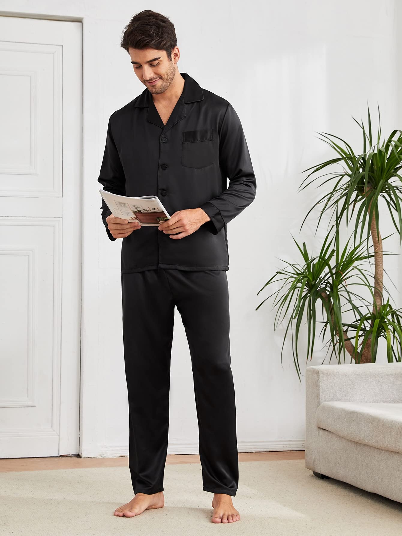 WDIRARA Men's Satin Pajama Set - 2 Piece Button Up Shirt & Pants Sleepwear for Comfortable Lounge Wear - Perfect for Relaxing at Home, Nighttime Sleep & Cozy Weekends