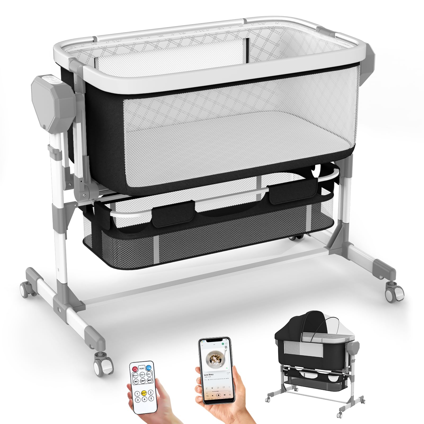Electric Baby Bassinet with 5 Rocking Motions & Auto Rolling - Adjustable Height Bedside Sleeper for Newborns, Includes 4 Soothing Lullabies | Perfect for Nursery, Bedroom & Travel (White)