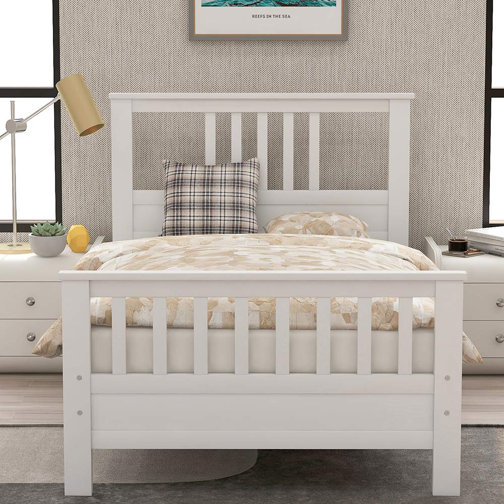 MERITLINE Twin Bed Frame with Headboard - Solid Wood Platform Bed Frame, No Box Spring Needed, White - Perfect for Kids Rooms, Guest Bedrooms & Small Spaces