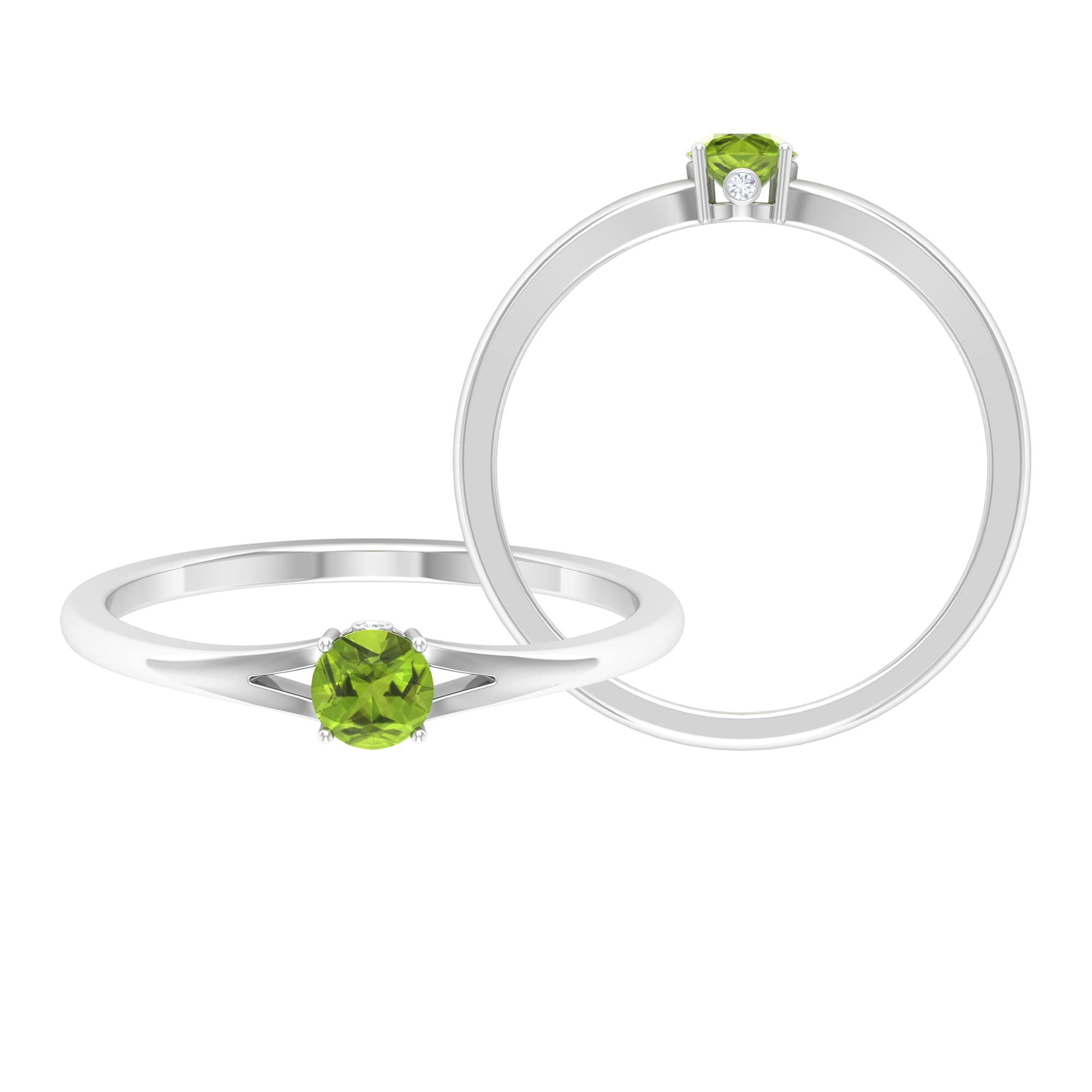 1/4 CT Peridot Solitaire Ring with Diamond Accents - 4MM Round Cut August Birthstone Ring in 14K Solid Gold - Elegant Split Shank Design for Anniversary, Engagement & Special Occasions