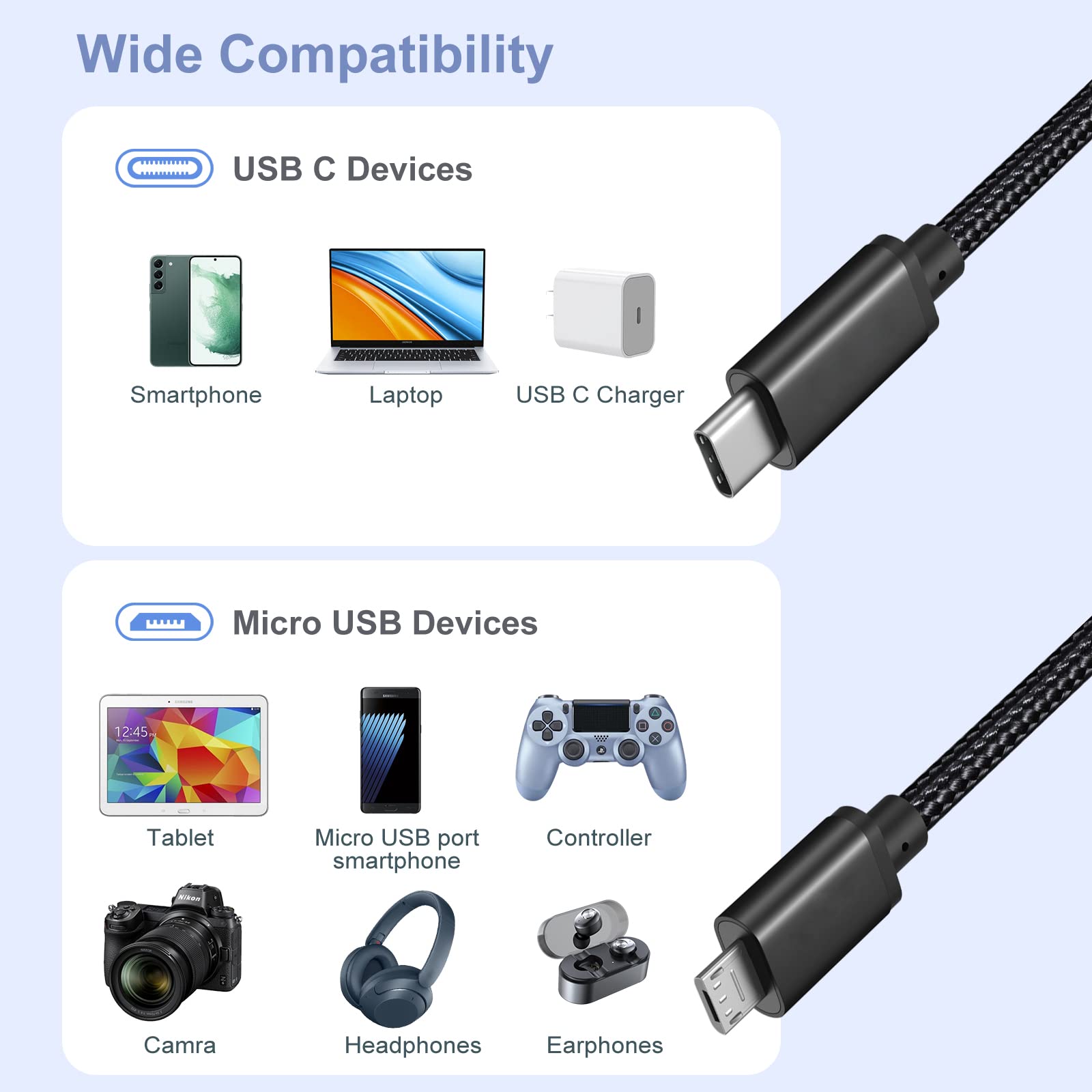 3 Pack USB-C to Micro USB Cable 3.3ft - Fast Charging & Data Sync Braided Nylon Cable for Kindle, PS4, Xbox One, Samsung Galaxy S7/S6/S5, GPS Devices - Durable OTG Charger Cord for Home, Office & Travel Use