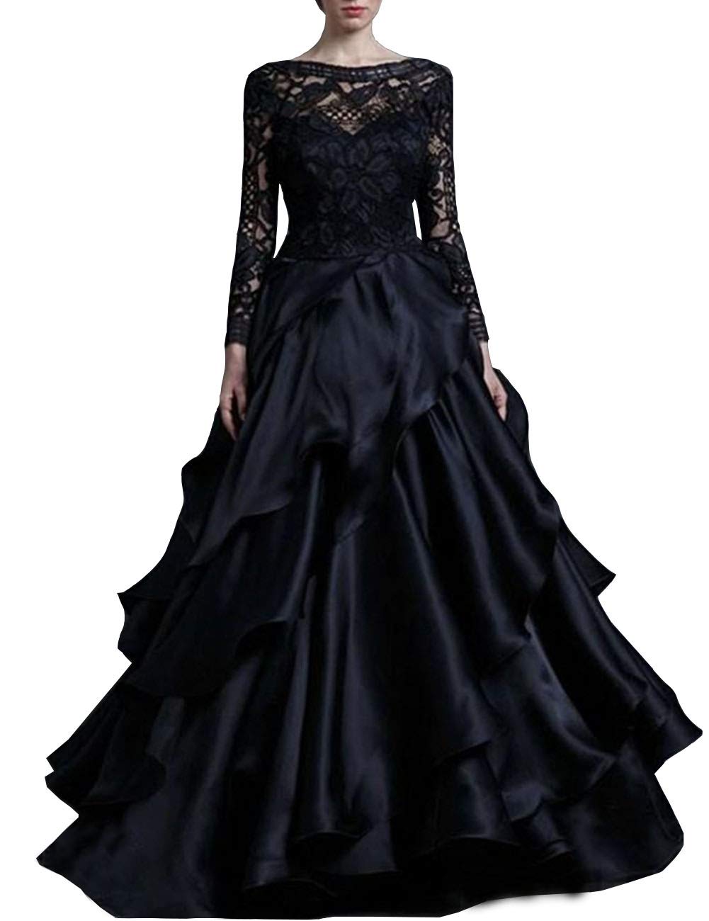 Emmani Women's Vintage Black Wedding Dress with Illusion Bodice - Elegant Bridal Gown for Vintage Weddings, Gothic Ceremonies & Formal Events (Real Photos Included)