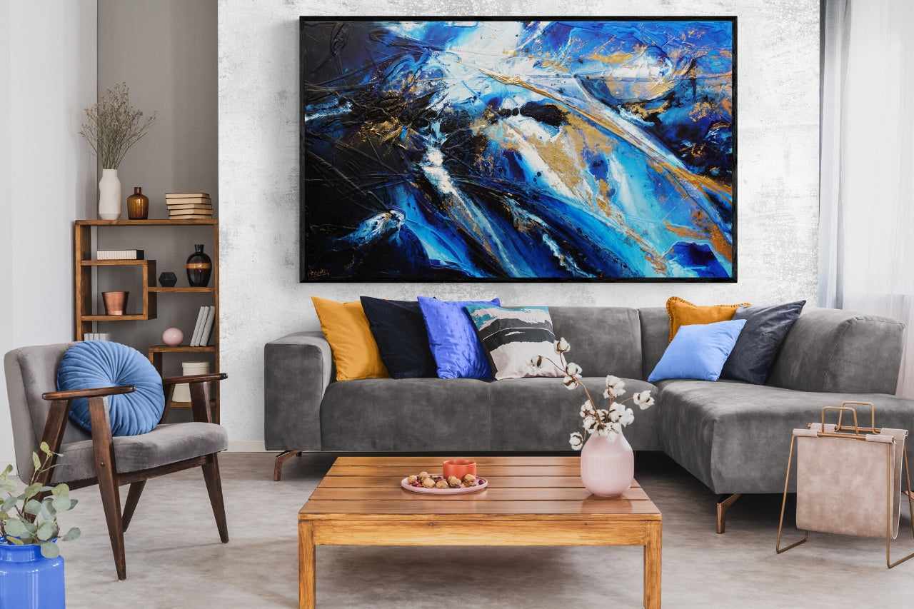 Golden Sapphire 200cm x 120cm Blue Gold White Textured Abstract Canvas Art - Modern Wall Decor for Living Room, Bedroom & Office
