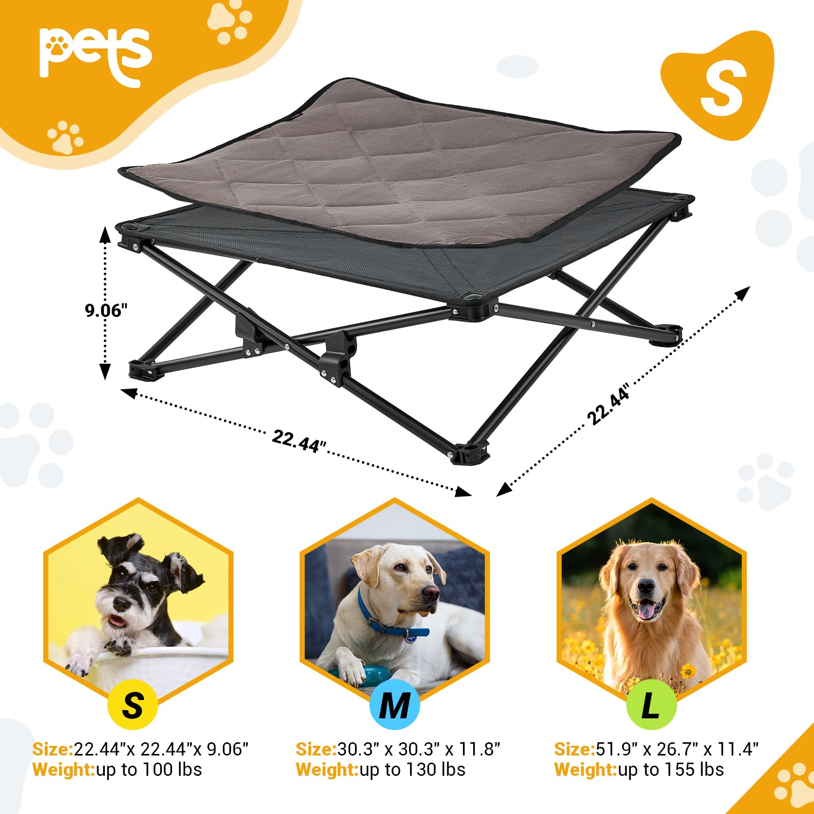 KingCamp Elevated Cooling Dog Bed for Small to Medium Dogs - Portable Folding Pet Cot Supports Up to 100 lbs - Durable Washable Mesh for Indoor & Outdoor Use - Perfect for Camping, Travel, and Home Comfort - Black