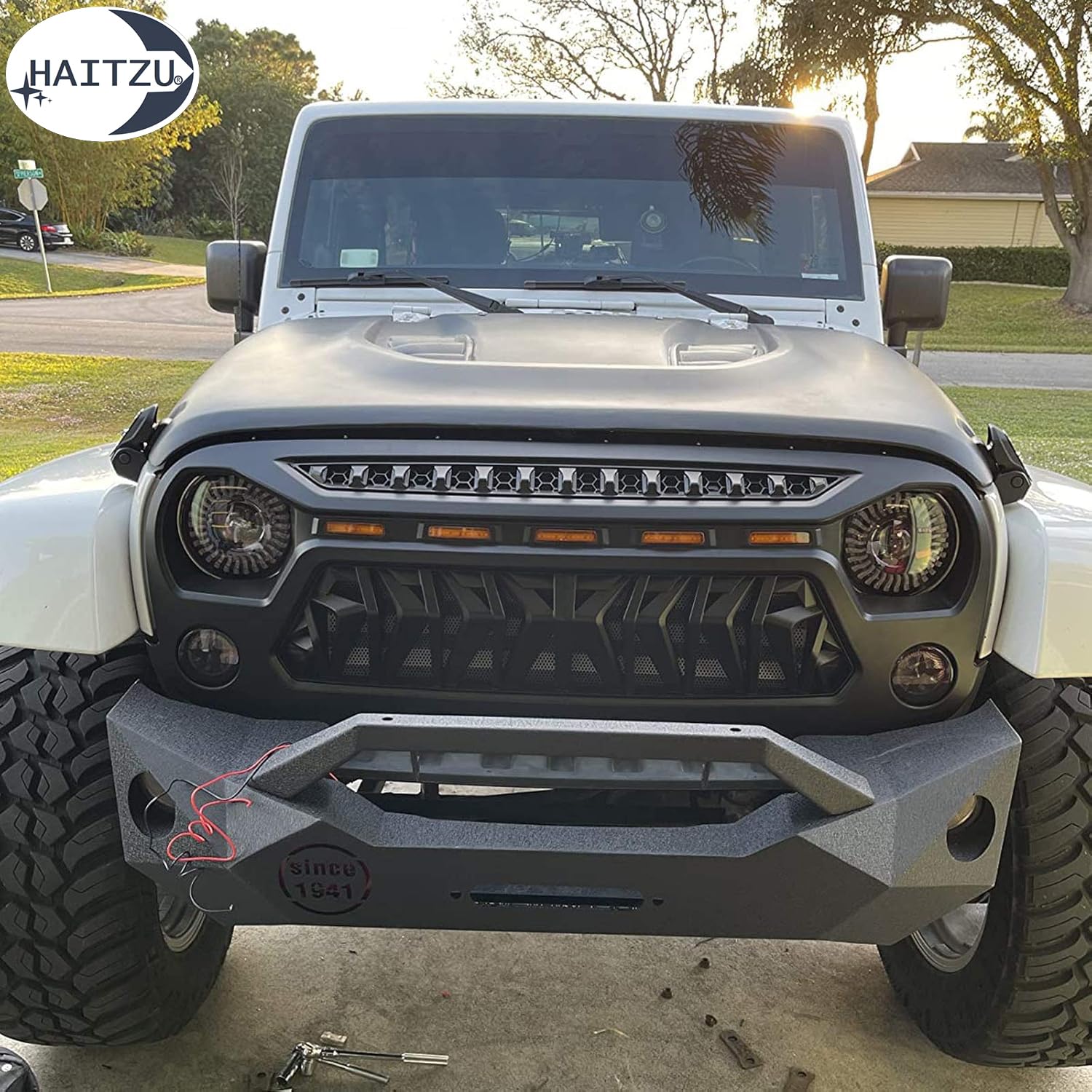 Jeep Wrangler JK Grille Guard (2007-2018) - Matte Black Shark Grille with 5 Amber LED Lights | Compatible with Unlimited, Rubicon & Sahara Models | Off-Road Protection & Style Upgrade for Adventure Enthusiasts