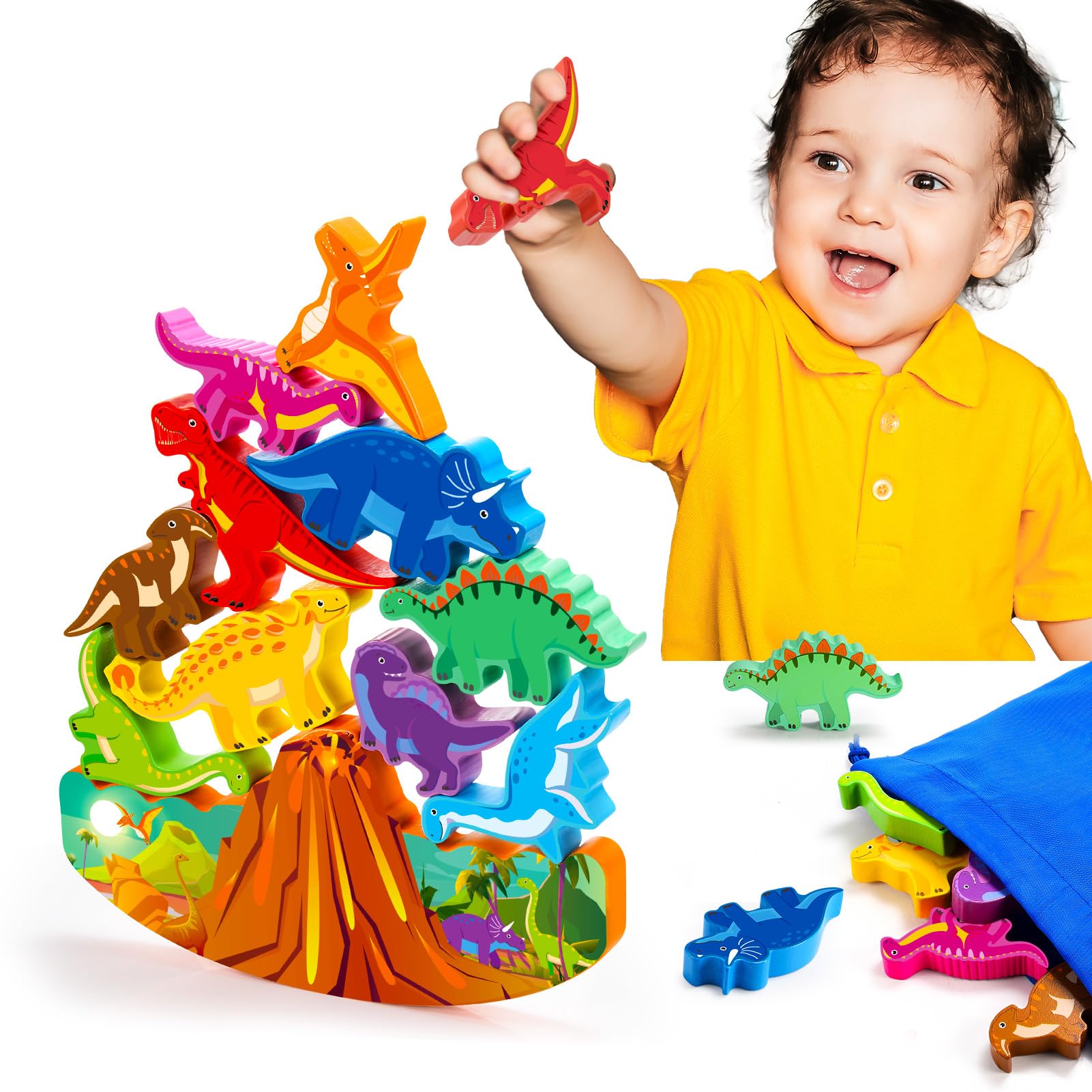 Montessori Wooden Dinosaur Stacking Blocks - Educational Balance Game Toys for Kids Ages 2-8 | STEM Learning Toys for Toddlers & Preschoolers | Perfect Easter Birthday Gift for Boys & Girls | Fun Indoor Play & Early Childhood Development Activity
