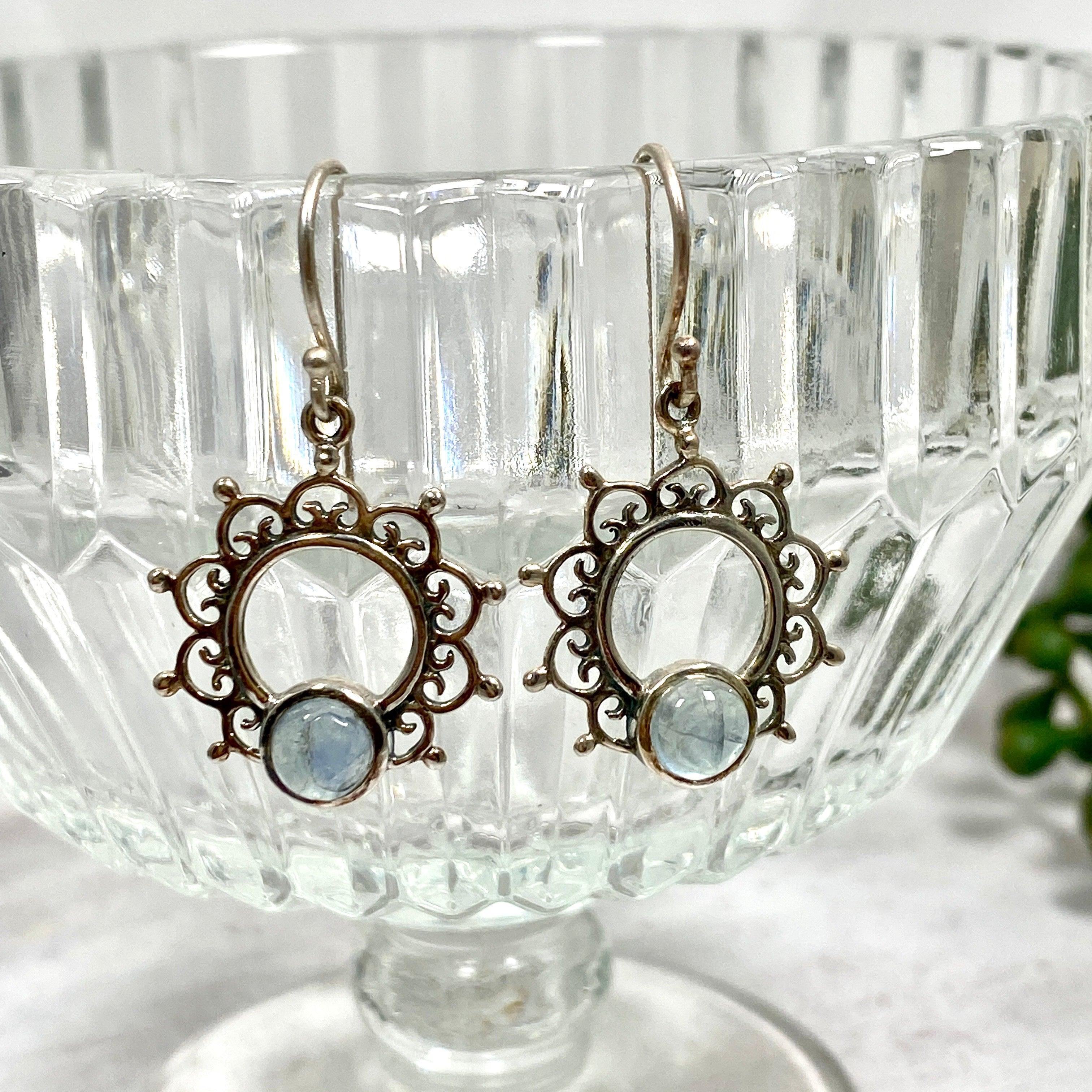 Boho Mandala Aquamarine Cabochon Earrings for Women - Handmade Gemstone Dangle Earrings for Boho Chic & Festival Outfits