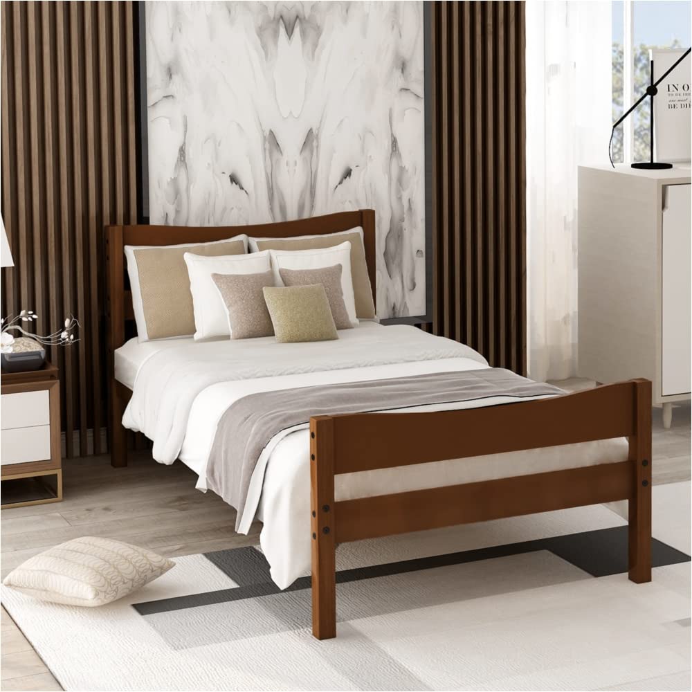 Huazo Twin Size Wood Platform Bed Frame with Headboard & Wooden Slat Support - Solid Walnut Finish | Space-Saving Modern Bedroom Furniture for Small Rooms, Apartments & Dorm Rooms