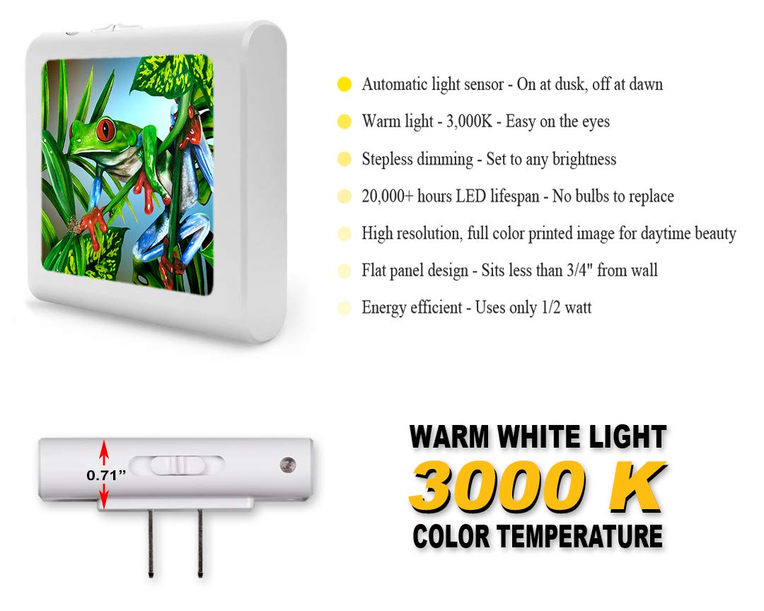 Dimmable LED Night Light with Auto On/Off Sensor, Adjustable Brightness & Warm White Light - Perfect for Bathroom, Hallway, Nursery, Kids Room & Bedroom - Red Toe Tree Frog Design - Energy Saving Plug-in Nightlight for Safe Nighttime Navigation