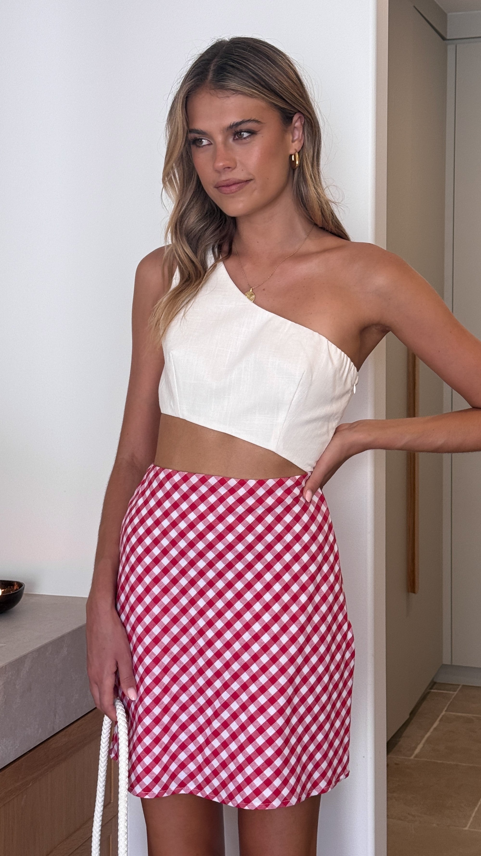 Abia Mini Dress - White and Red Checkered Floral Print, Casual Summer Dress for Women | Perfect for Beach, Party, and Date Night Outfits
