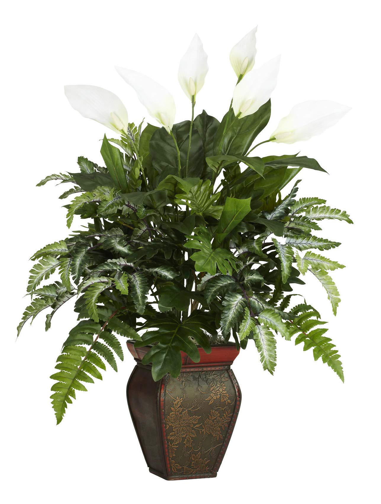 Premium Artificial Plant Set - Mixed Greens with Spathyfillum in Decorative Vase | Low-Maintenance Home & Office Decor for Living Room, Bedroom, or Workspace