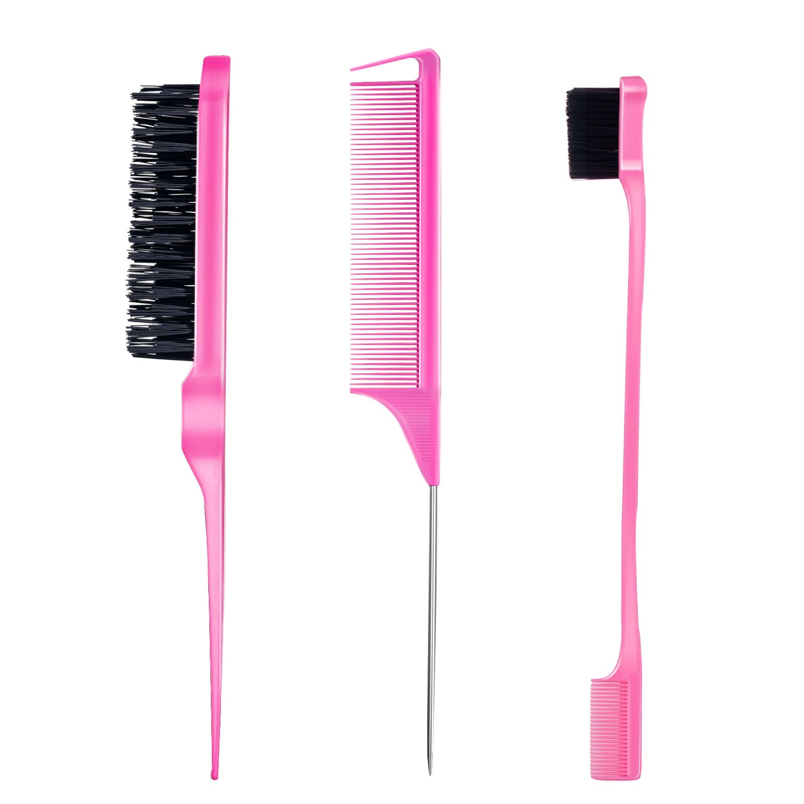3-Piece Hair Styling Comb Set - Teasing Brush, Rat Tail Comb & Edge Brush for Smoothing, Detangling & Styling - Perfect for Women's Hair Care, Updos & Edge Control (Pink) - Salon Quality Tools for Home & Professional Use