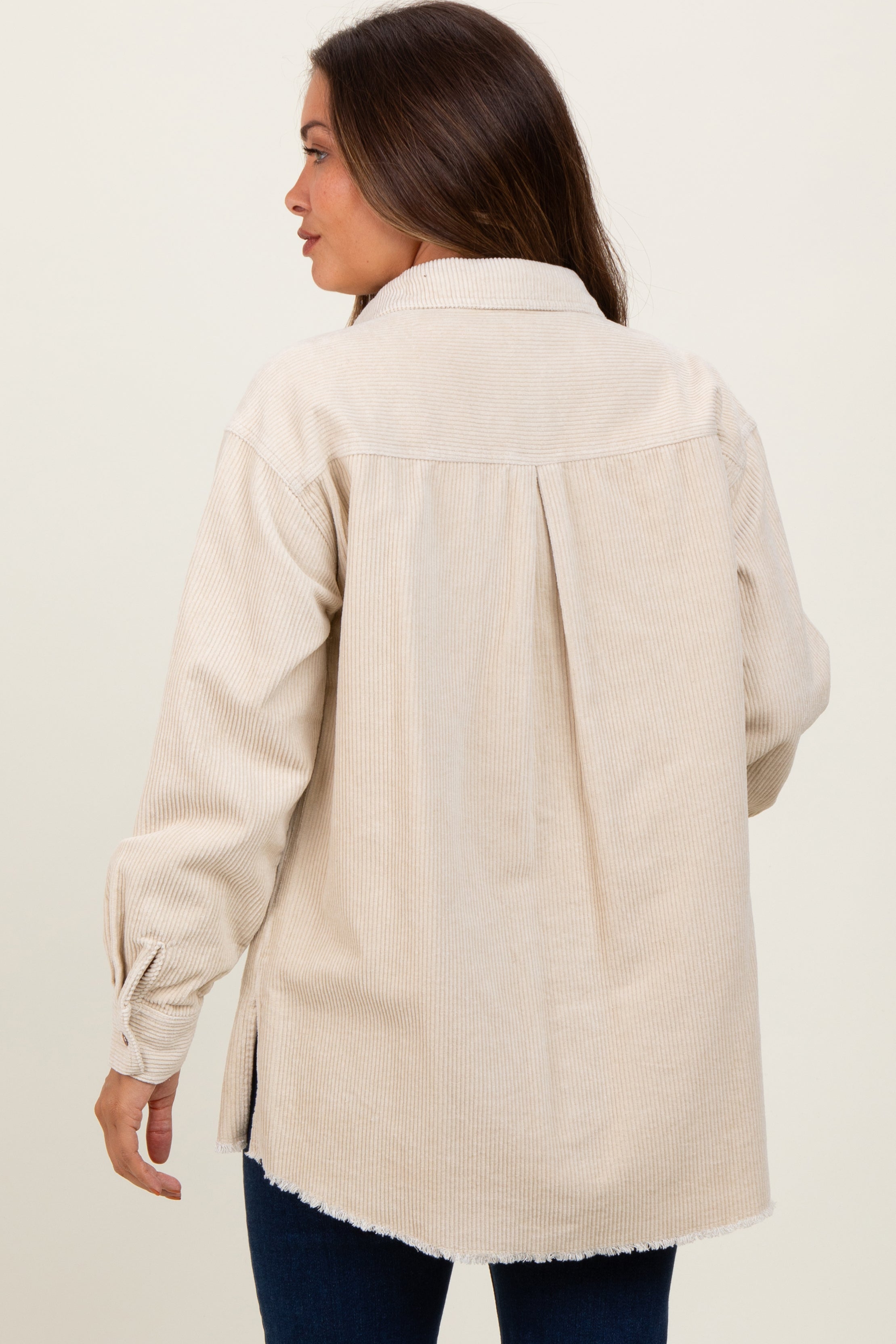 Beige Corduroy Fringe Hem Maternity Shirt Jacket for Women - Soft Stretch Pregnancy Cardigan - Perfect for Casual Outfits, Nursing & Maternity Photos