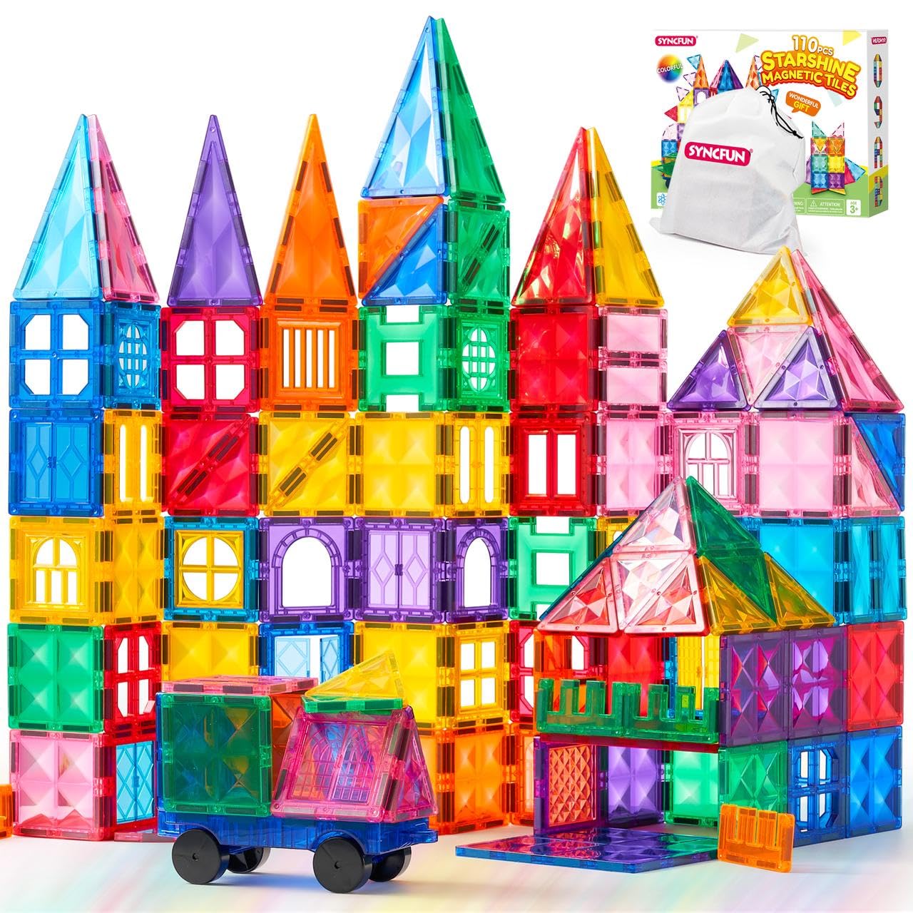 SYNCFUN 110PCS Magnetic Building Blocks for Kids - STEM Educational Construction Toys with 3D Vehicle Tiles - Sensory Learning Toys for 3 4 5 6 7 Year Old Boys & Girls - Perfect Birthday Gift for Creative Play & Early STEM Development