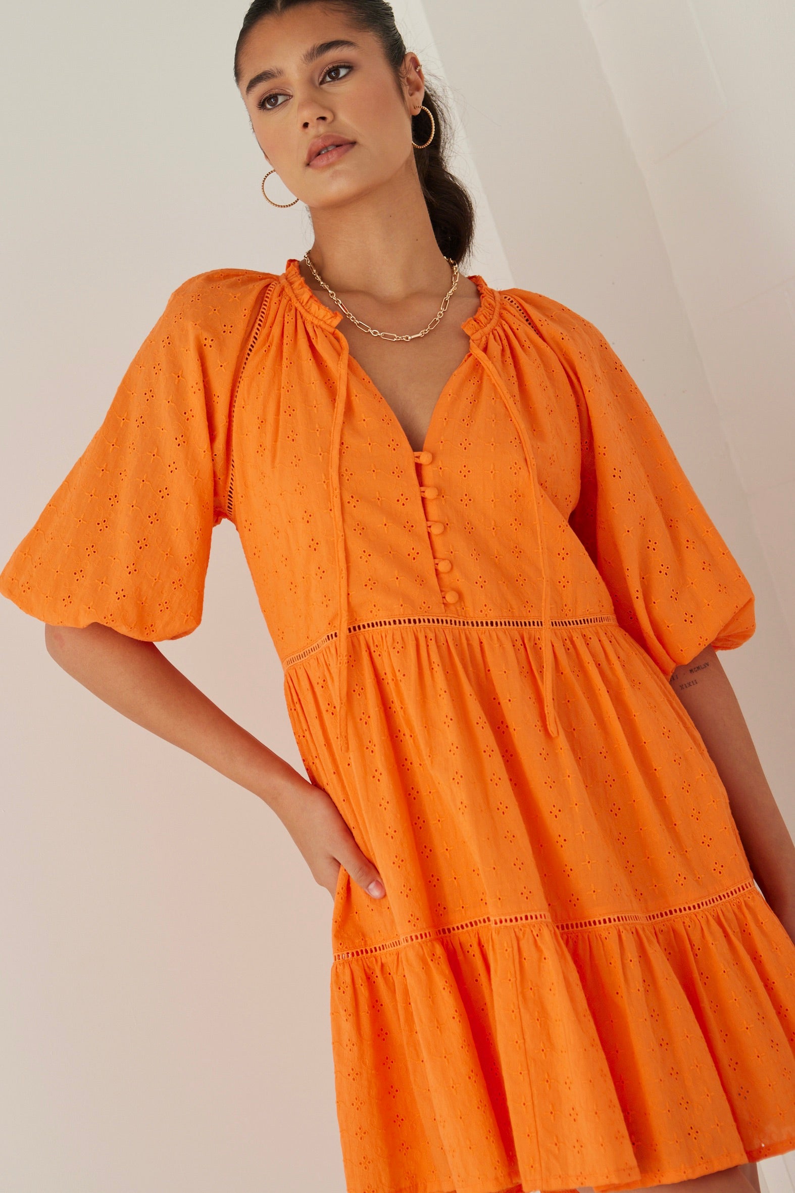 Gemini Orange Embroidered Balloon Sleeve Tiered Mini Dress - Floral Summer Party Outfit for Women, Perfect for Beach Vacations & Date Nights