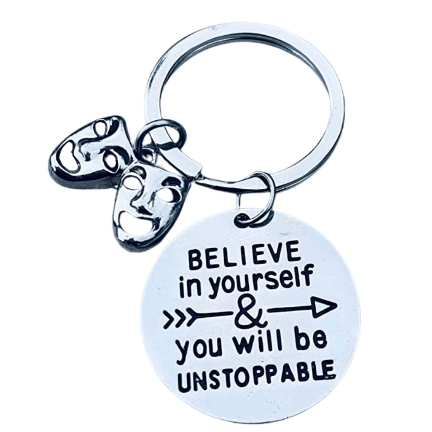 Drama Mask Keychain - Custom Theater Jewelry Gift for Drama Club & Lovers - Motivational 'Believe in Yourself' Charm - Perfect for Performances, Backpacks & Gifts