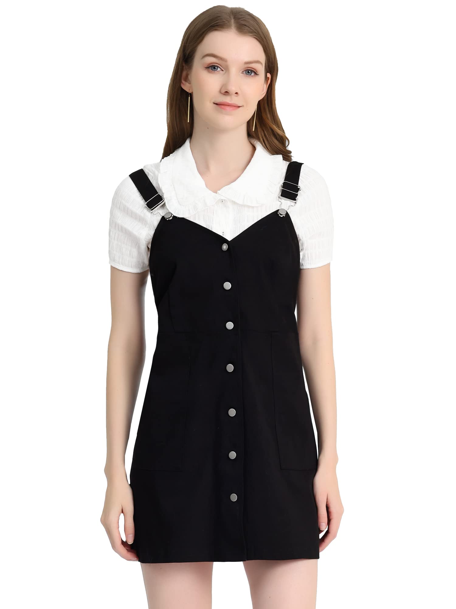 Allegra K Women's Cotton Pinafore Jumper Dress with Adjustable Straps & Pockets - Casual Button Down Overalls for Spring, Summer & Fall Outfits