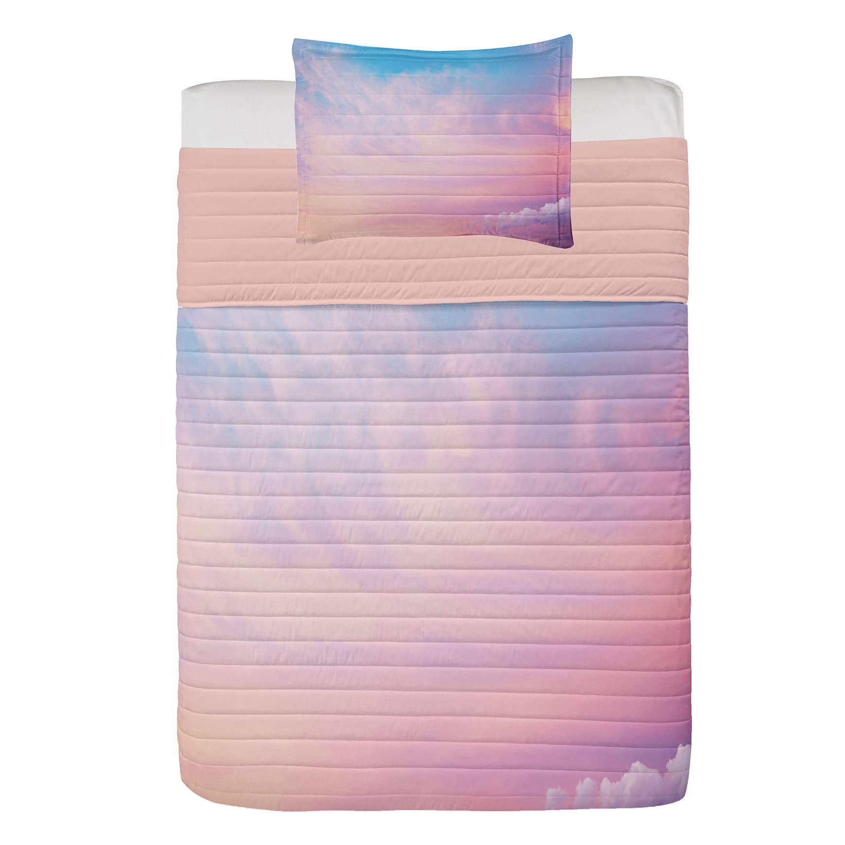 Lunarable Clouds Microfiber Bedspread Set - Twin Size Pastel Pink & Blue Sky Cloud Design with Pillow Shams & Comforter | Soft Nature-Themed Bedding for Cozy Bedrooms & Dreamy Home Decor