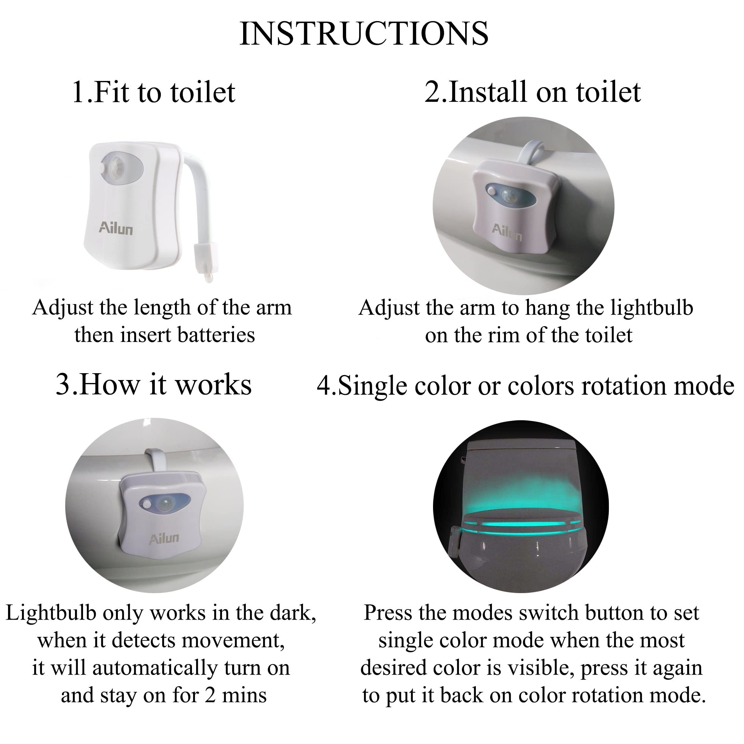 Ailun 3-Pack Motion Activated LED Toilet Night Light - 8 Color Changing Bathroom Nightlight for Toilet Bowl, Battery Not Included - Perfect for Bathroom, Bedroom, Hallway & Kids Room Safety Lighting