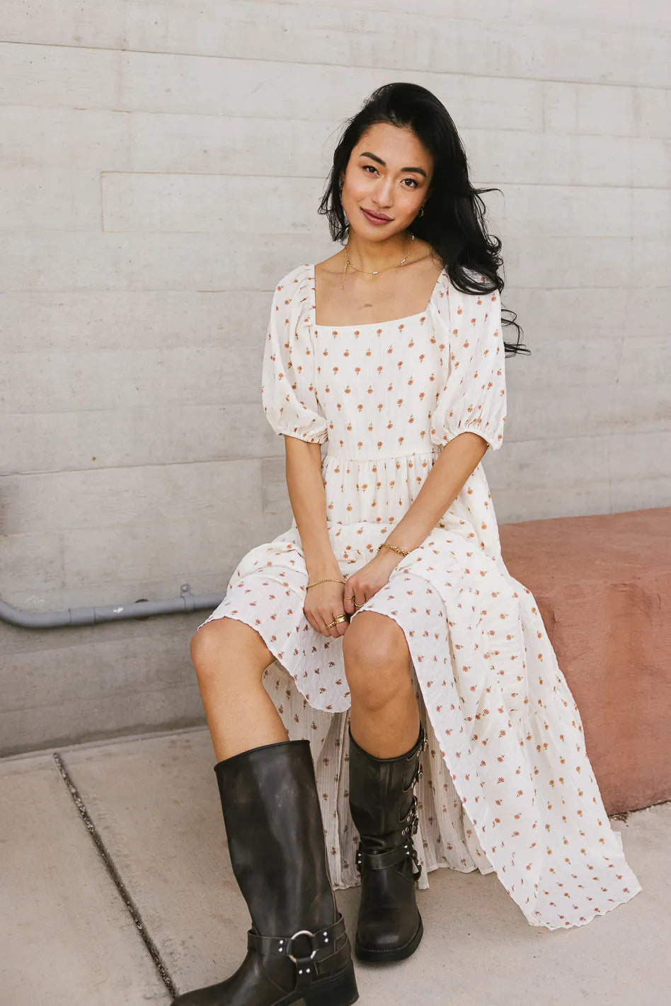 Landrie Ditsy Floral Dress in Rust - Women's Boho Summer Dress with Short Sleeves & Flowy Skirt | Perfect for Beach Vacations, Date Nights & Casual Outings