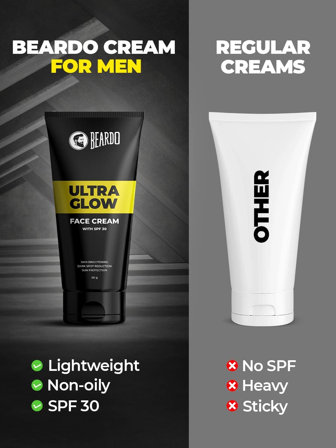 Beardo Ultraglow All-in-One Men's Face Cream with SPF 30, 60g - Aloe Vera, Vitamin E & Niacinamide for Skin Brightening, Dark Spot Reduction & Hydration | Daily Moisturizer for Men's Skincare Routine, Gym & Outdoor Protection