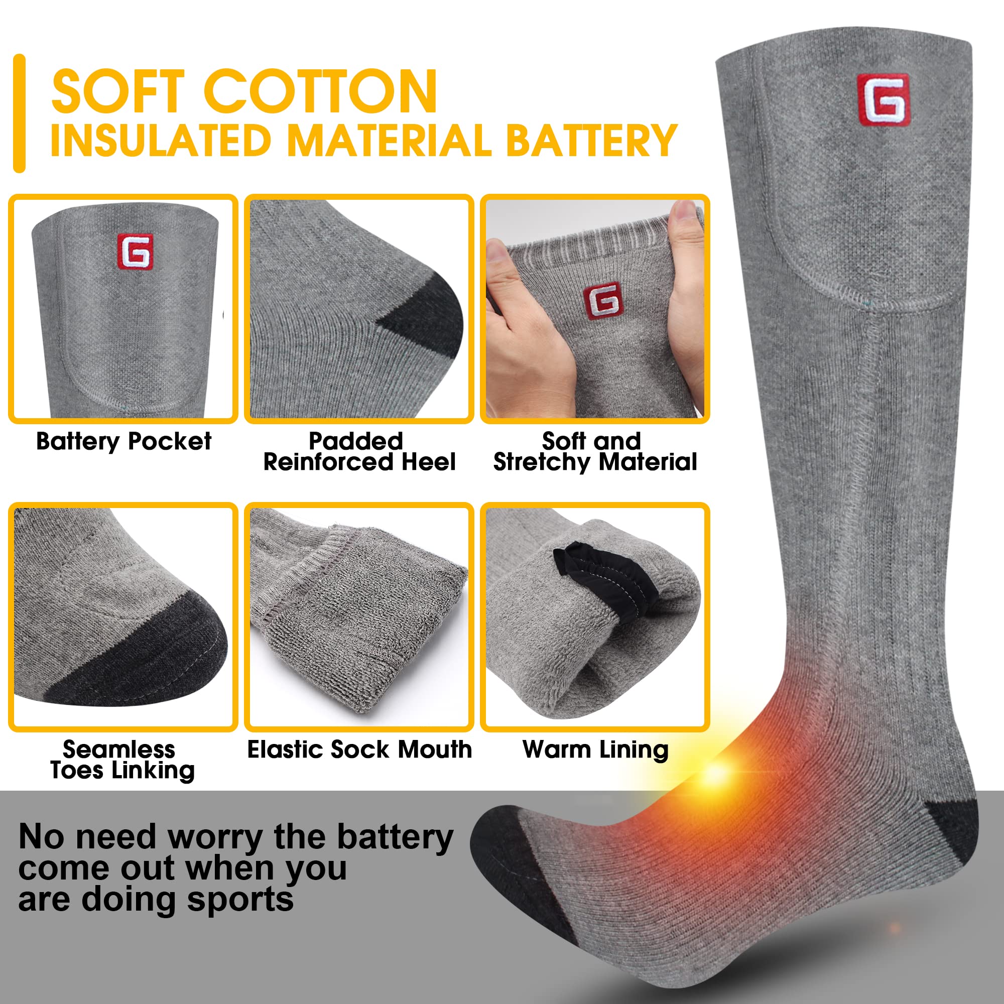 Rechargeable Electric Heated Socks for Men & Women - 3 Temperature Settings, Warm Cotton Thermal Winter Socks with 3.7V 2200mAh Battery (Grey, Large) - Perfect for Cold Weather Activities Like Camping, Hiking, Skiing & Motorcycle Riding