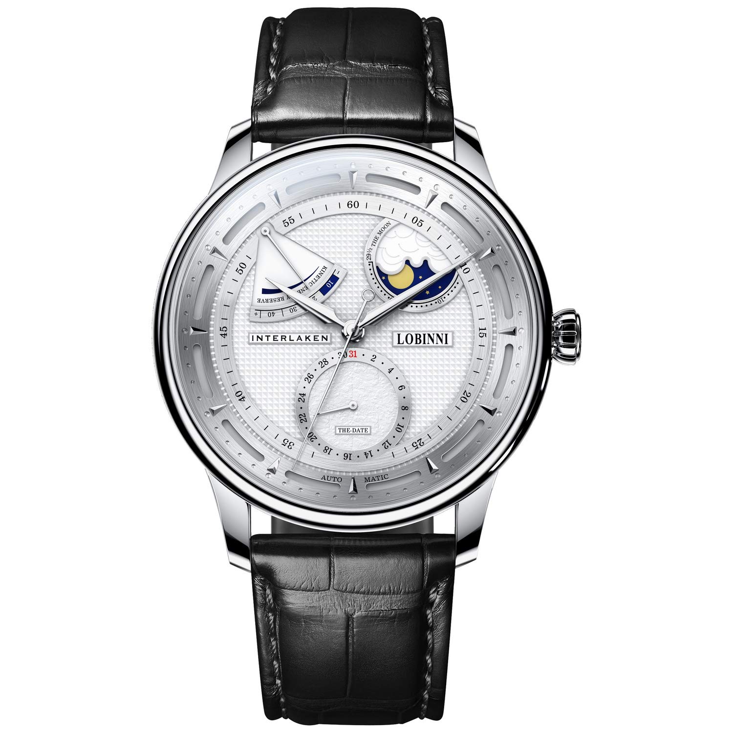 LOBINNI Luxury Automatic Watch for Men - Moonphase Self-Winding Mechanical Wristwatch with Sapphire Crystal & Genuine Leather Strap | Premium Dress Watch for Business, Formal Events & Gifts
