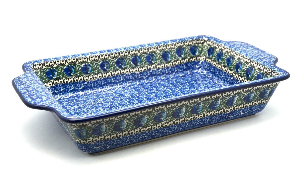Polish Pottery Rectangular Baker with Tab Handles - 7 Cup Capacity - Peacock Feather Design - Perfect for Casseroles, Lasagna & Holiday Baking