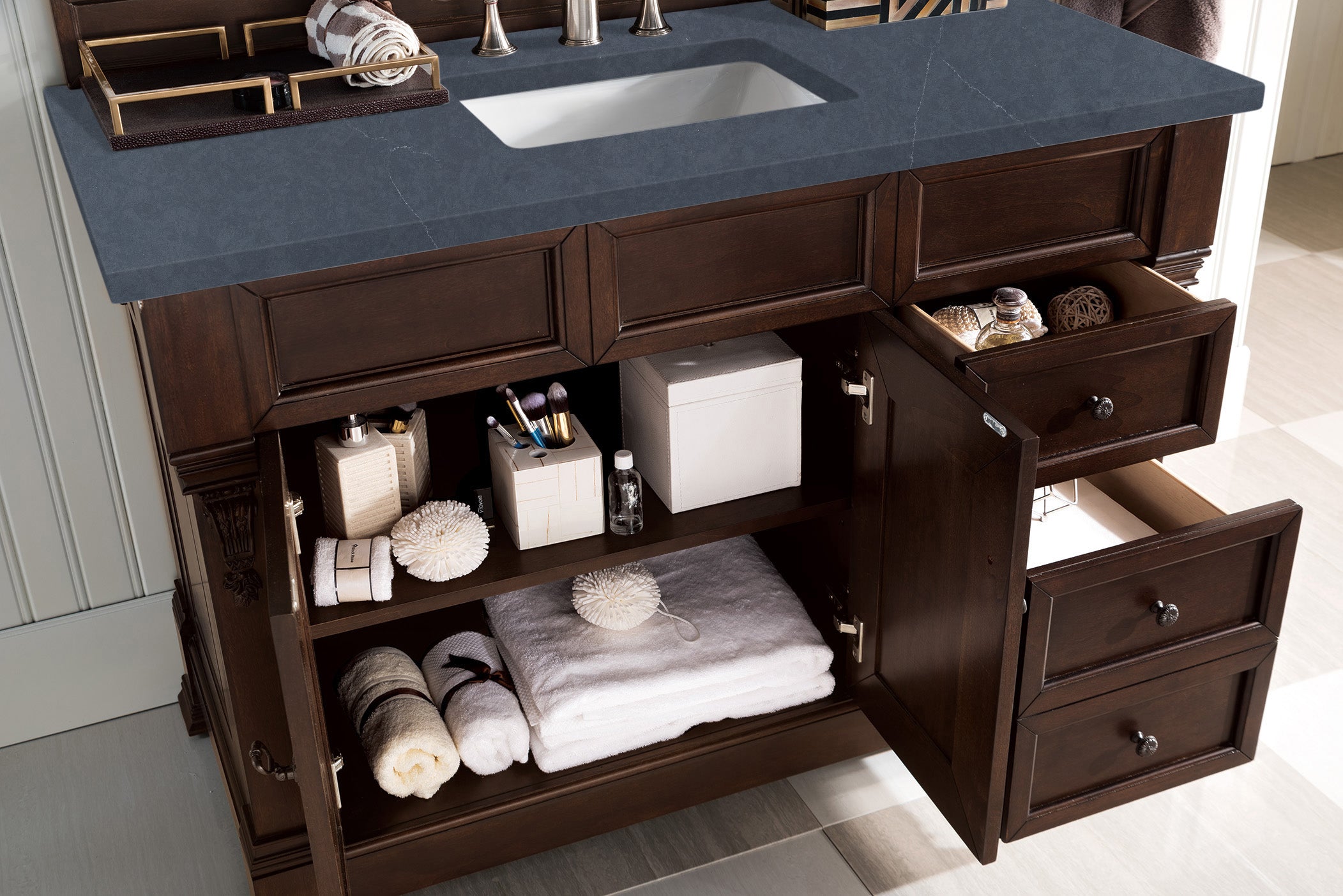 Brookfield 48 Inch Single Bathroom Vanity with Burnished Mahogany Base & 3CM Charcoal Soapstone Quartz Countertop - Perfect for Modern Master Bath or Powder Room Renovation