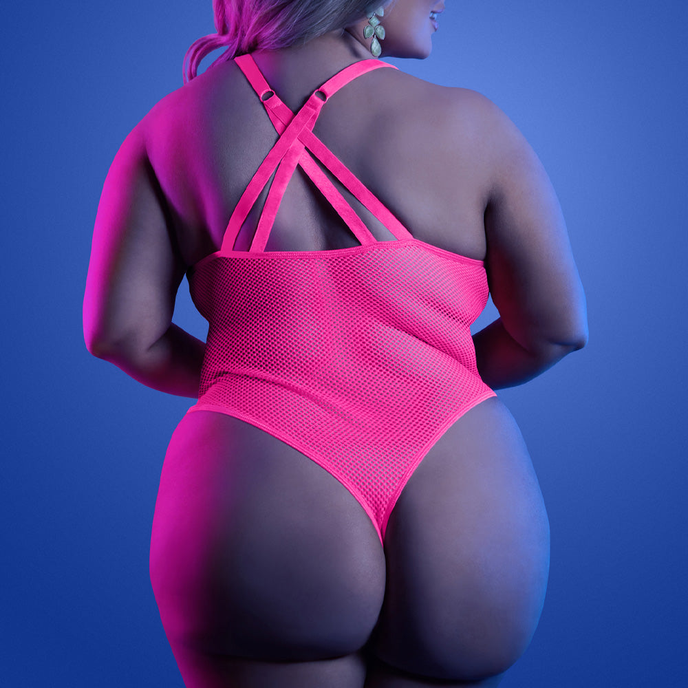 Fantasy Lingerie Glow Electric Haze Plunging Net Thong Teddy for Curvy Women - Sexy Lingerie Set for Date Night & Boudoir Photography