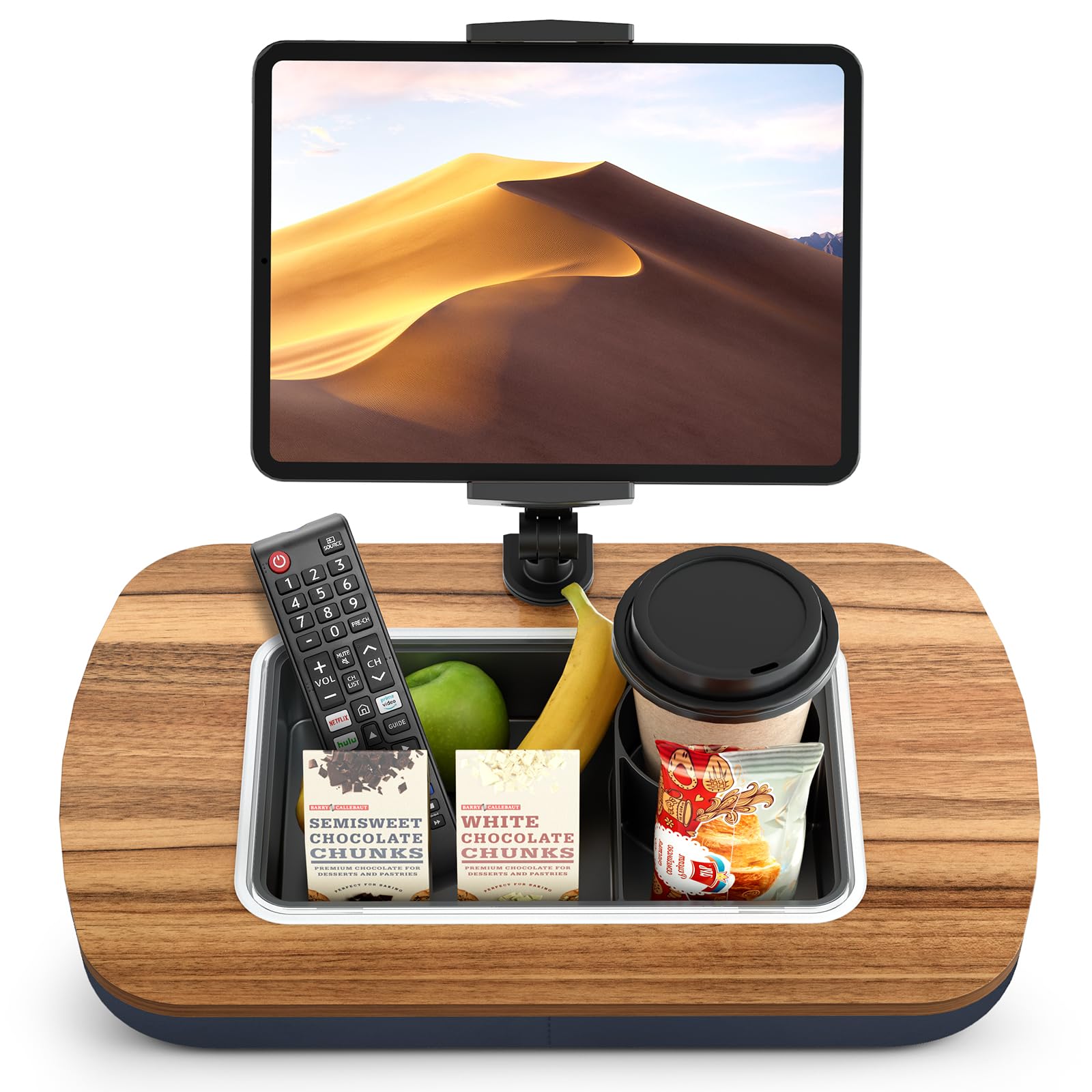 Adjustable Lap Beanbag Tablet Stand with 360° Rotating Clip & Snack Bowl - Compatible with iPad, Kindle, and Phones 4.7-13