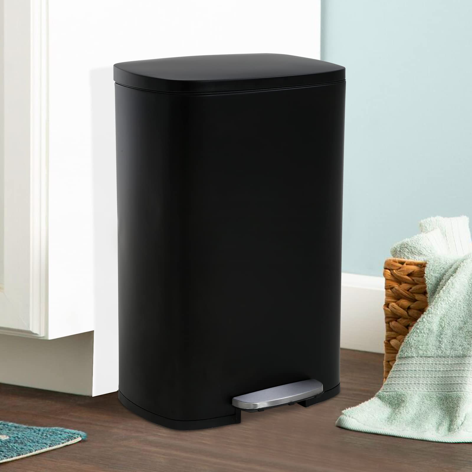 13 Gallon Stainless Steel Step Trash Can with Lid - 50L Rectangular Kitchen Garbage Bin with Inner Buckets - Soft Pedal Silent Closing Design for Home, Office & Restaurant (Black) - Perfect for Waste Disposal in Kitchens, Bathrooms & Commercial Spaces