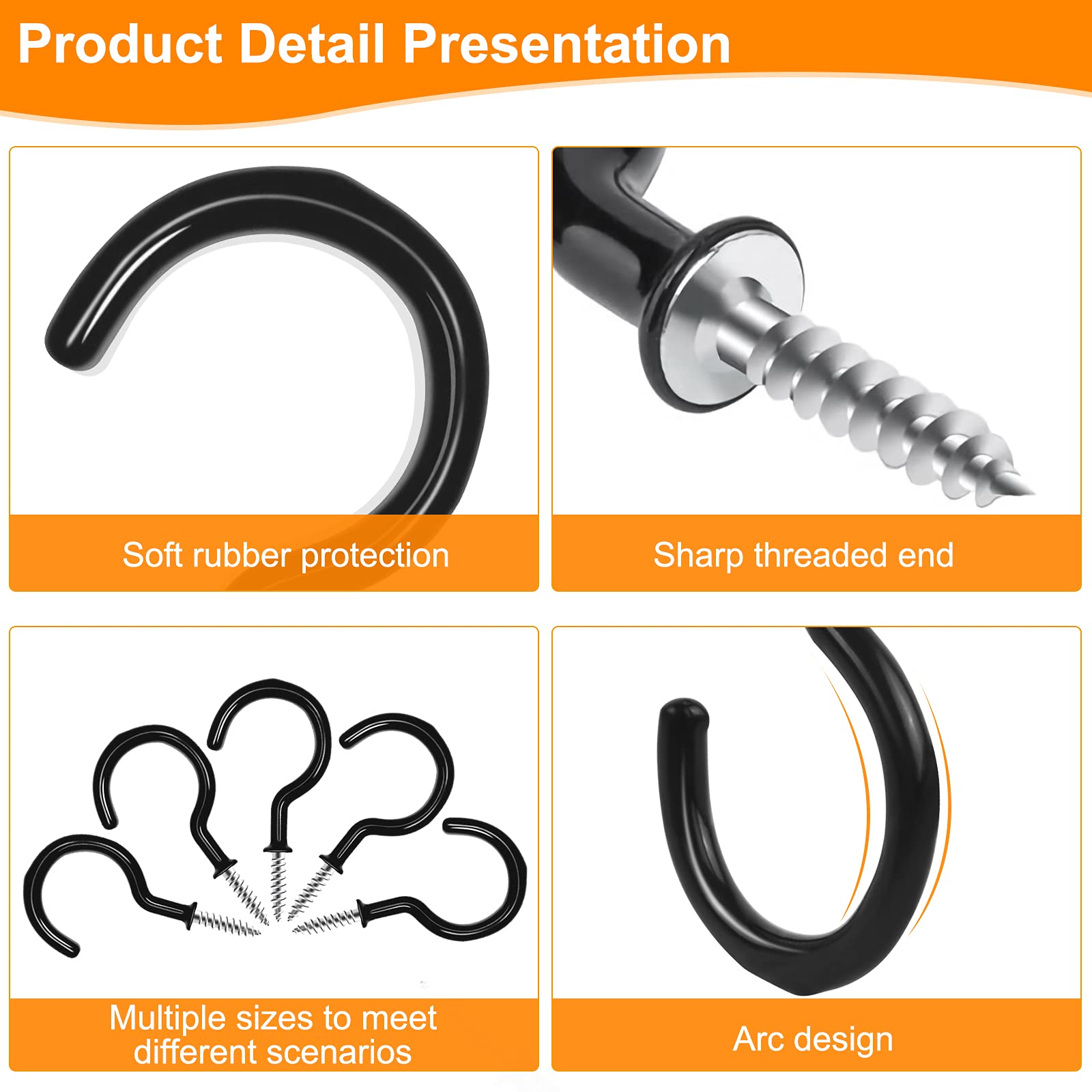 1-1/2 Inch Black Vinyl Coated Cup Screw Hooks - 45 Pack Heavy Duty Ceiling Hooks for Plants, Wind Chimes & Kitchen Storage - Indoor & Outdoor Hanging Solution for Home, Garden & Garage Organization
