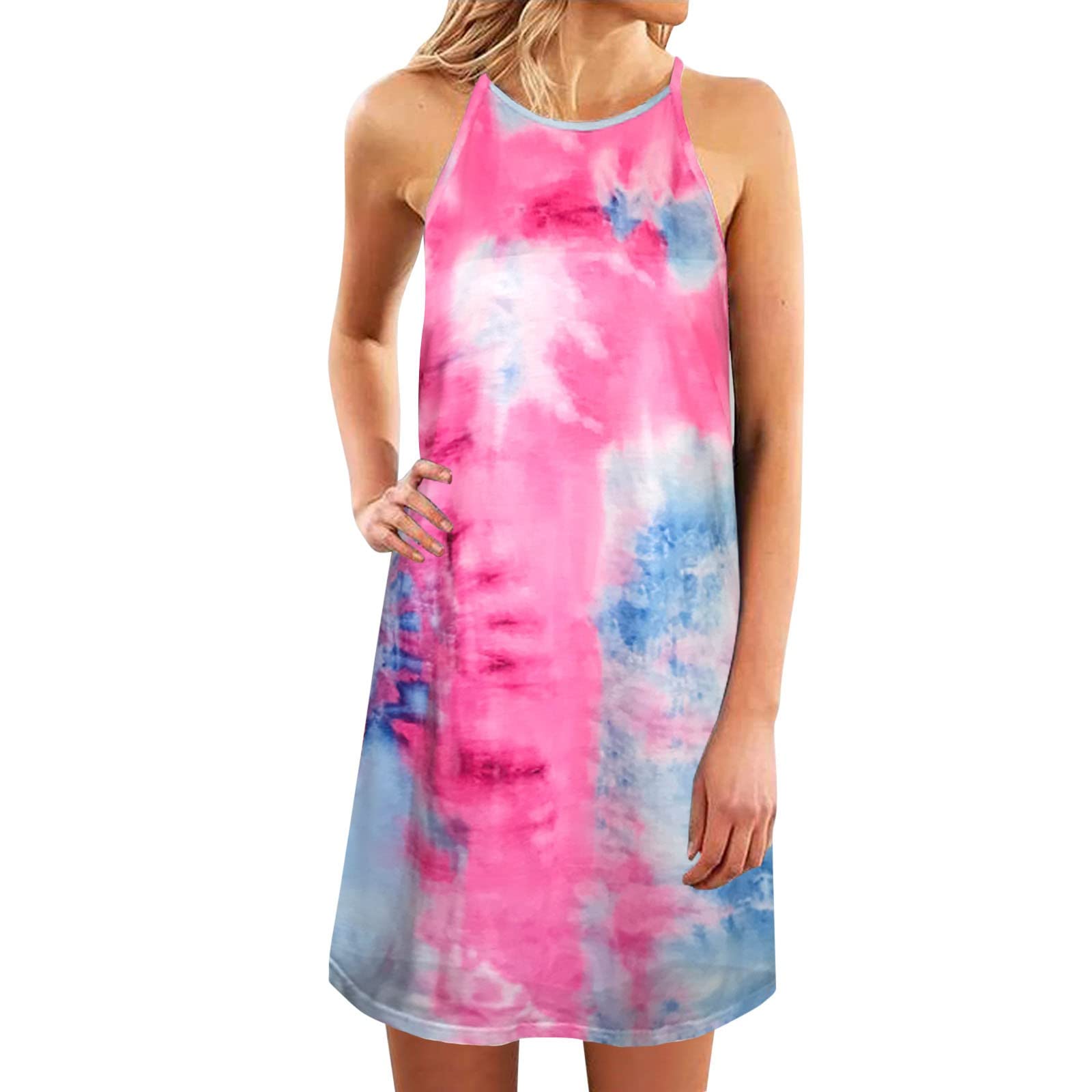 Women's Summer Dresses - Fashion Casual Sleeveless Tie-Dye Print Halter Neck Beach Dress | Perfect for Vacation, Pool Party & Outdoor Activities