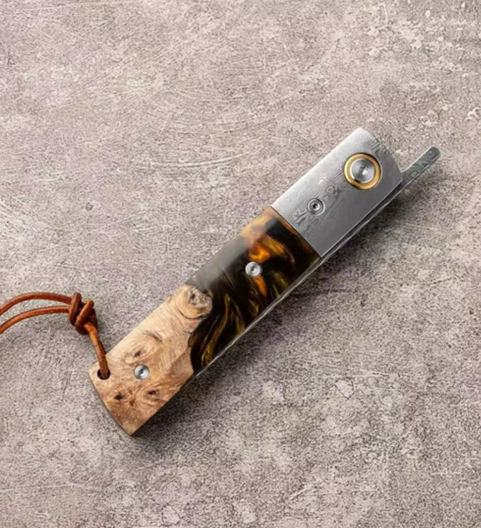 Premium Galaxy Japanese Damascus Steel Folding Pocket Knife - Olive Burl Wood & Resin Handle - EDC, Camping, Outdoor Survival Gear