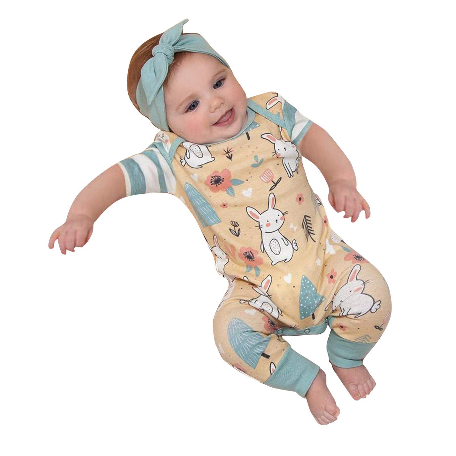 Easter Baby Romper Jumpsuit - Neutral Unisex Cartoon Rabbit Print Bodysuit with Headband for Boys & Girls | Perfect for Easter Outfits, Photo Shoots & Holiday Celebrations