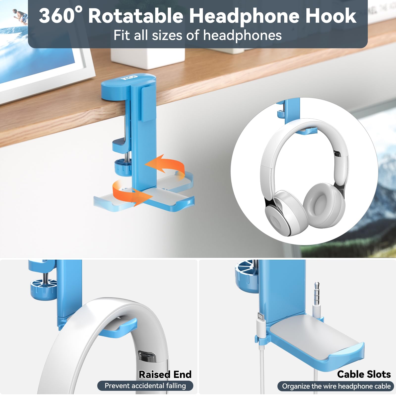 KDD 2-in-1 Rotatable Under Desk Headphone Hanger with Cup Holder - Space Saving Desk Organizer for Headset & Coffee Mug/Water Bottle (Blue) - Perfect for Home Office, Gaming Setup & Workspace Organization