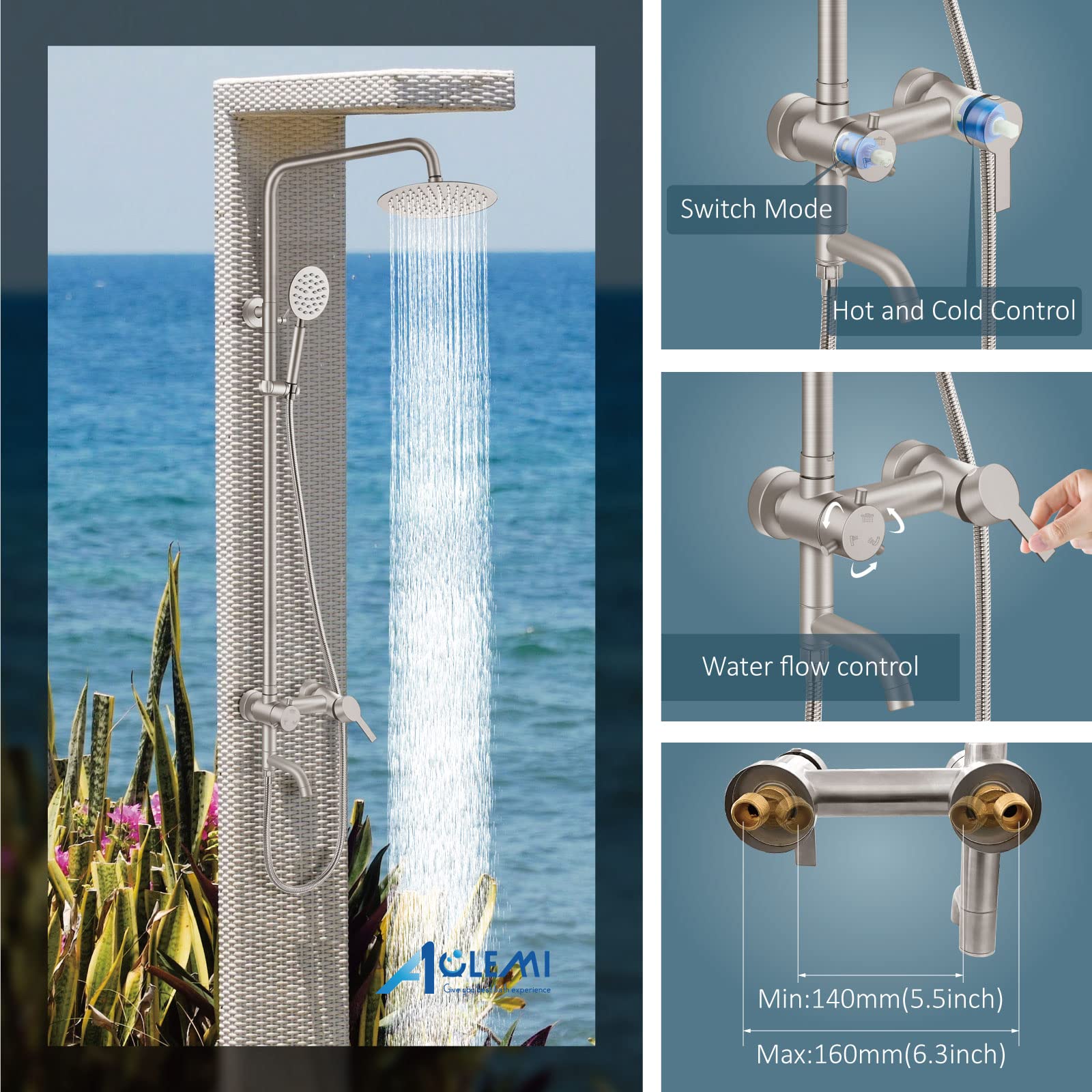 Aolemi Outdoor Shower Faucet - SUS304 Stainless Steel Triple Function Wall Mounted Shower System with 8