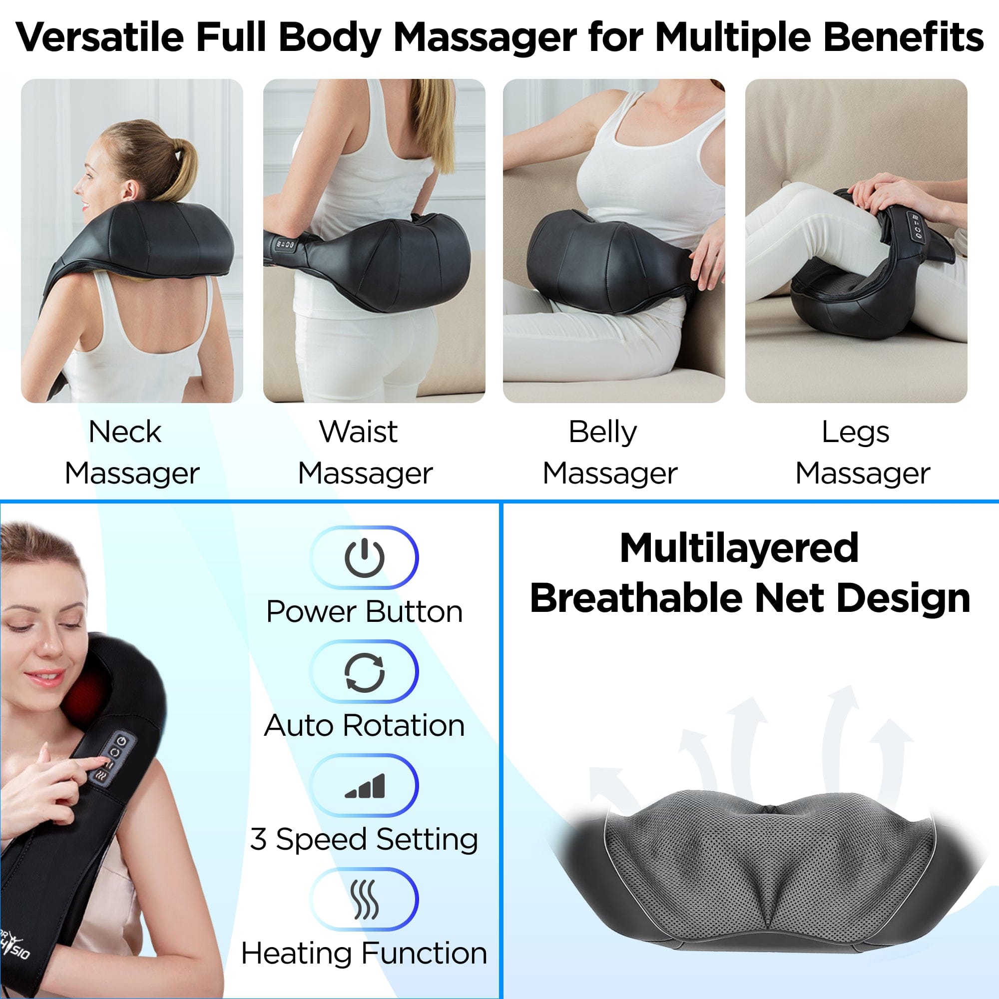 Dr Physio USA Shiatsu Neck and Shoulder Massager with Heat - Deep Tissue Kneading Massage Machine for Pain Relief - Perfect for Home, Office, and Travel Use